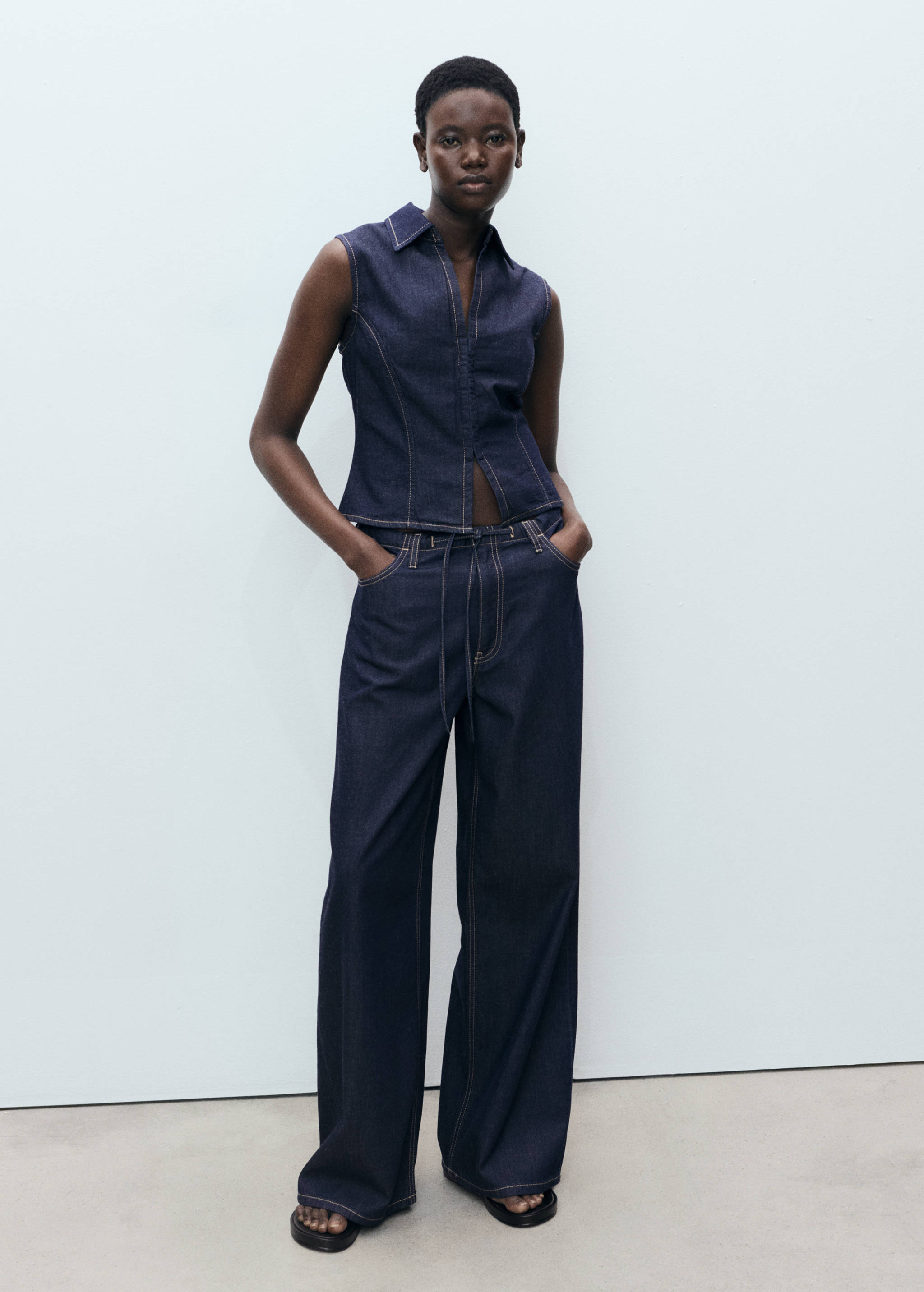 Wide leg denim trousers with belt - General plane