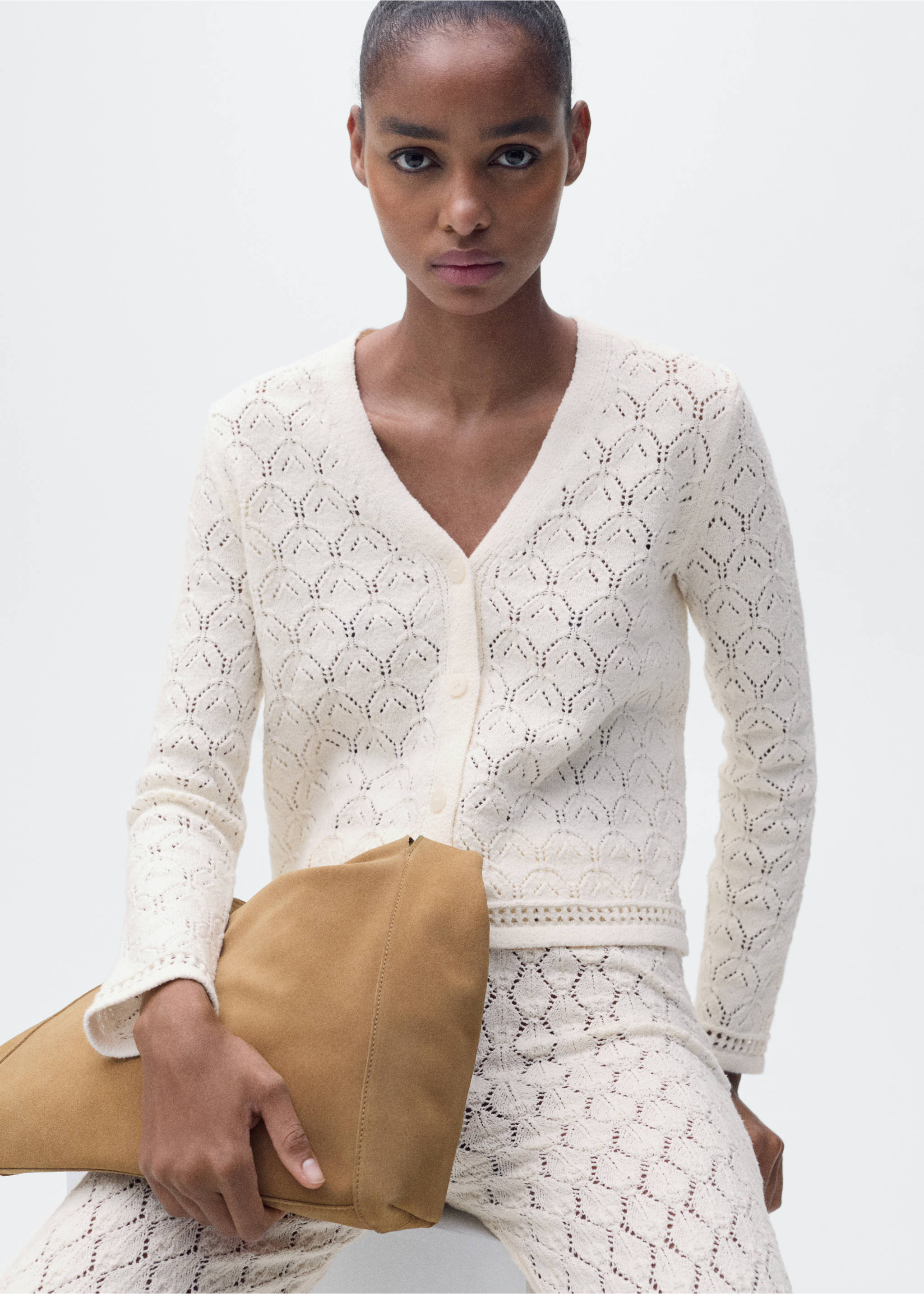 Openwork detail knit cardigan - Medium plane, Ecru. Ref: 87047182-00.
