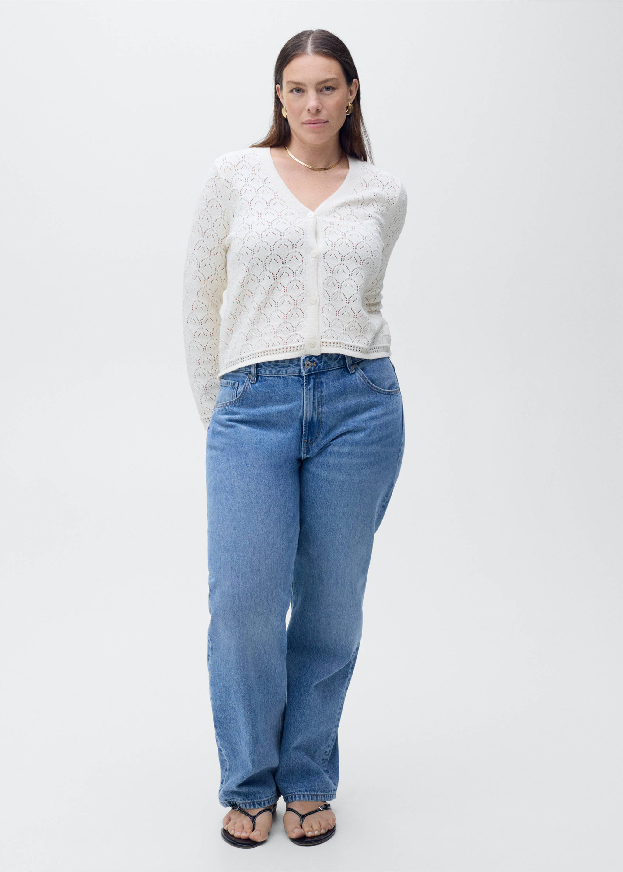 Openwork detail knit cardigan - Details of the article 3, Ecru. Ref: 87047182-00.