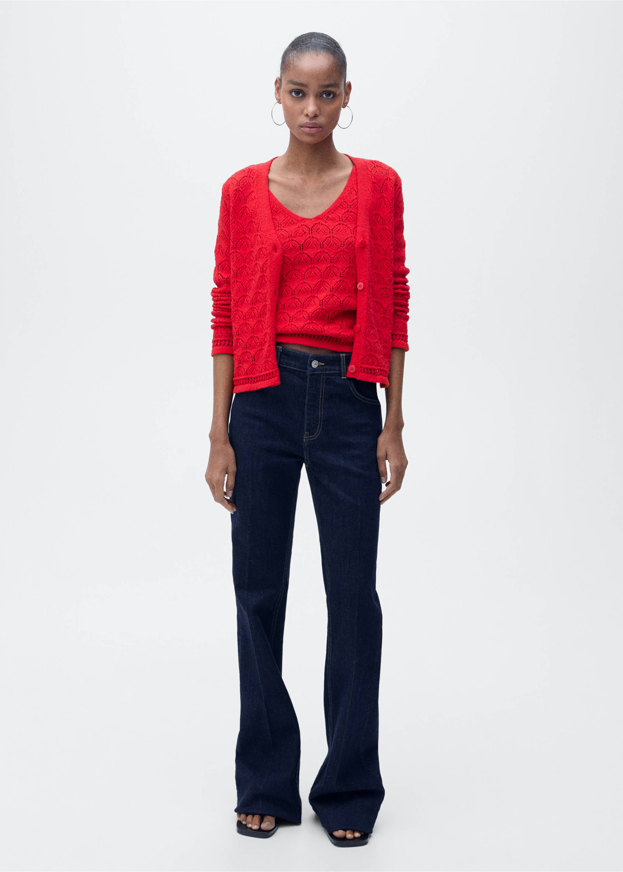 Cardigan maille détails ajourés - Plan général, Rouge. Ref: 87047182-00.