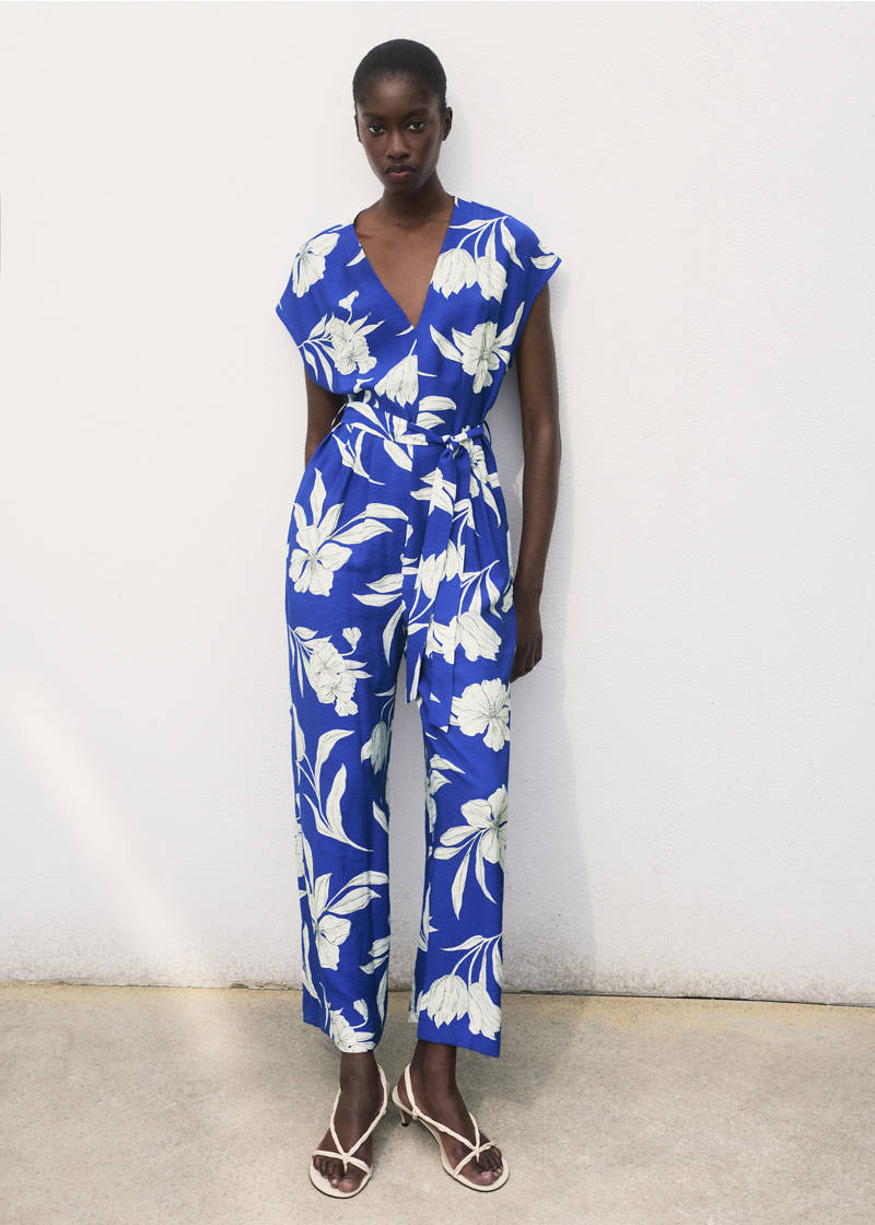 Printed long jumpsuit with belt - Blue