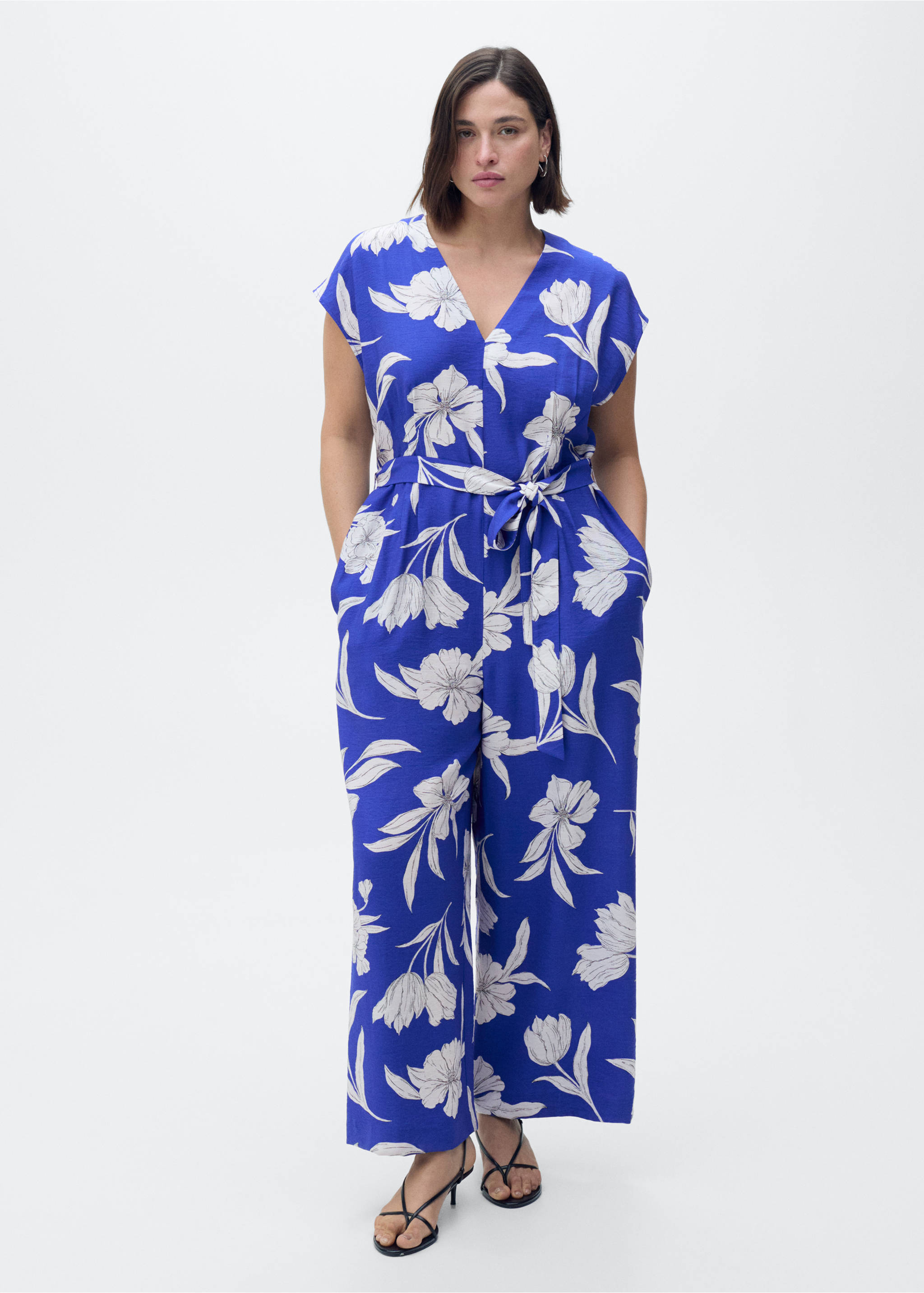Printed long jumpsuit with belt - Details of the article 3, Blue. Ref: 87047184-00.