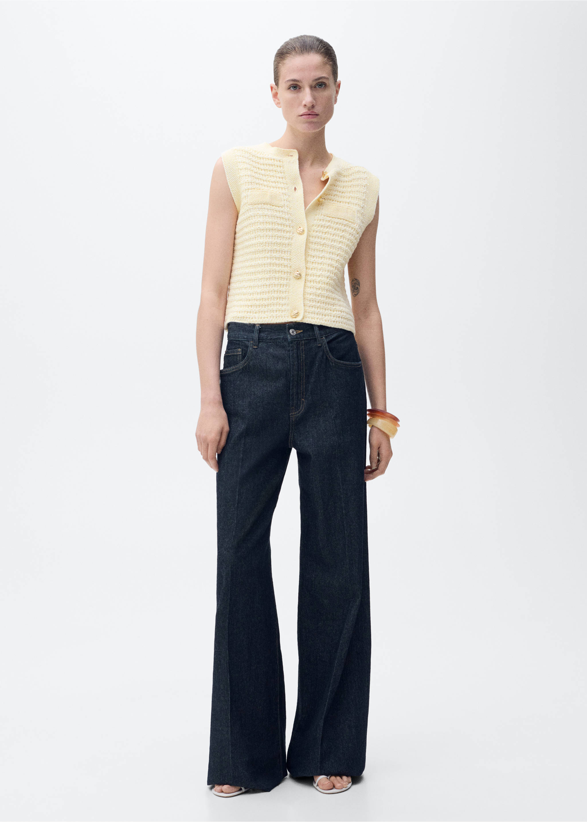 Cardigan maille boutons bijoux - Plan général, Jaune pastel. Ref: 87047191-00.