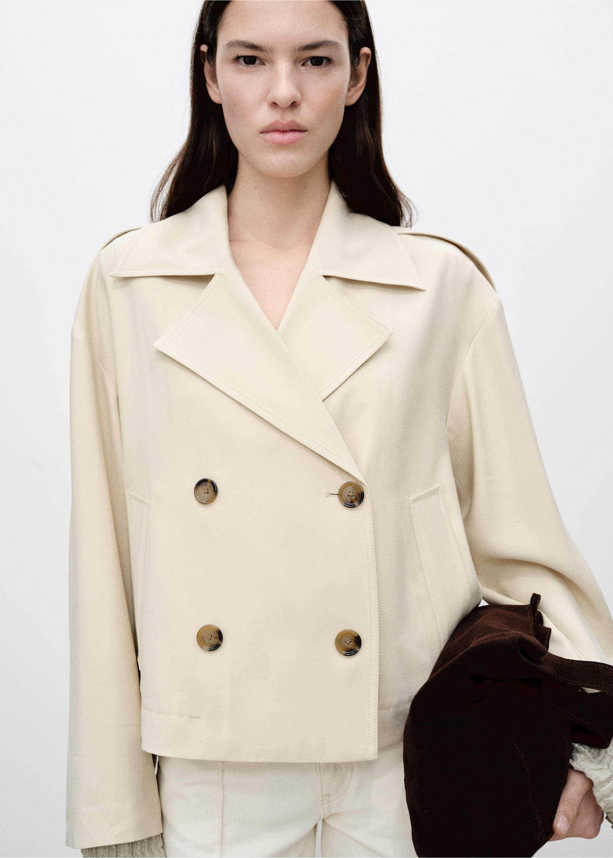 Double-breasted cropped trench coat - Medium plane, Light/Pastel Grey. Ref: 87047680-00.
