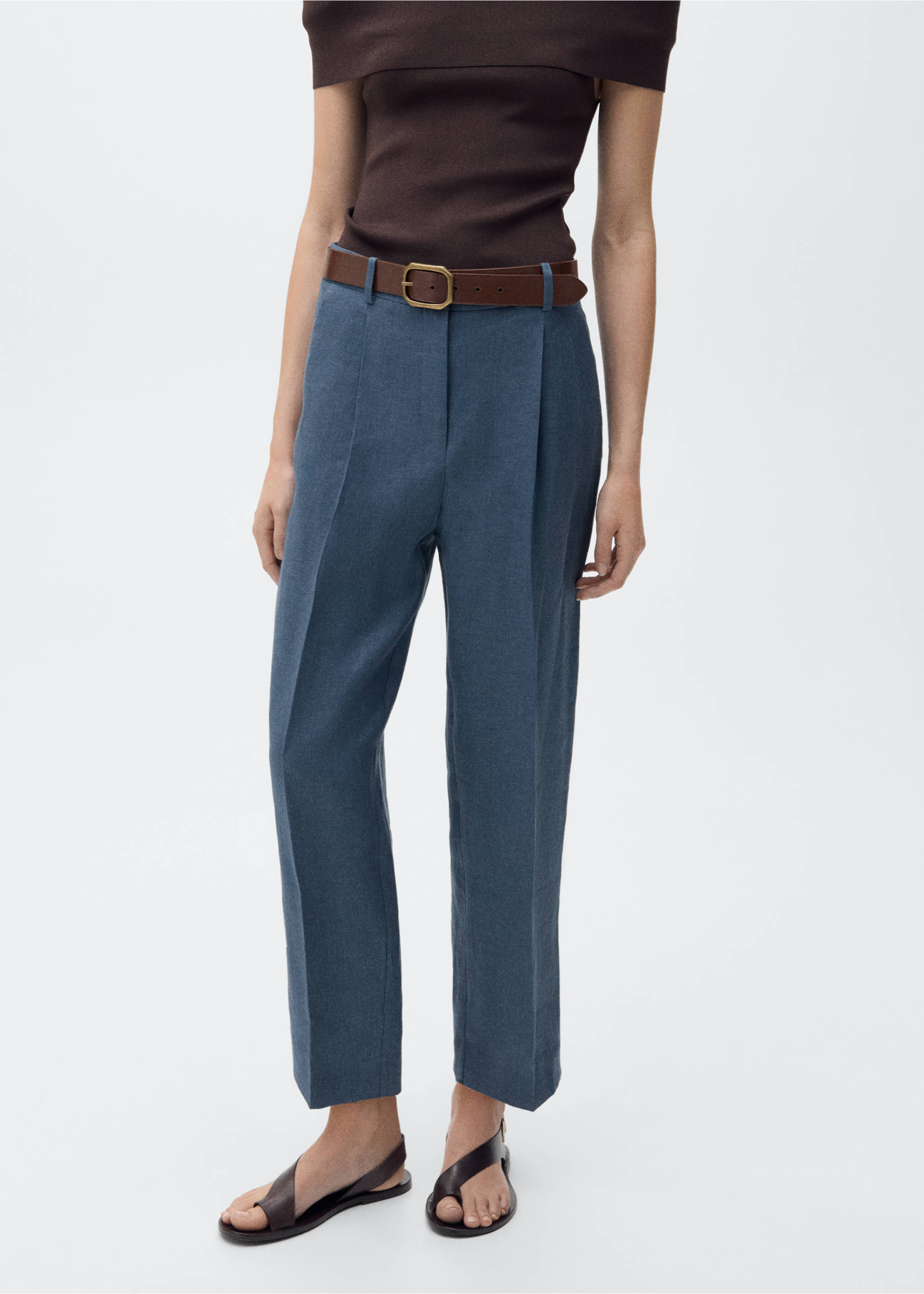 Pleated linen trousers - Medium plane, Blue. Ref: 87047694-00.