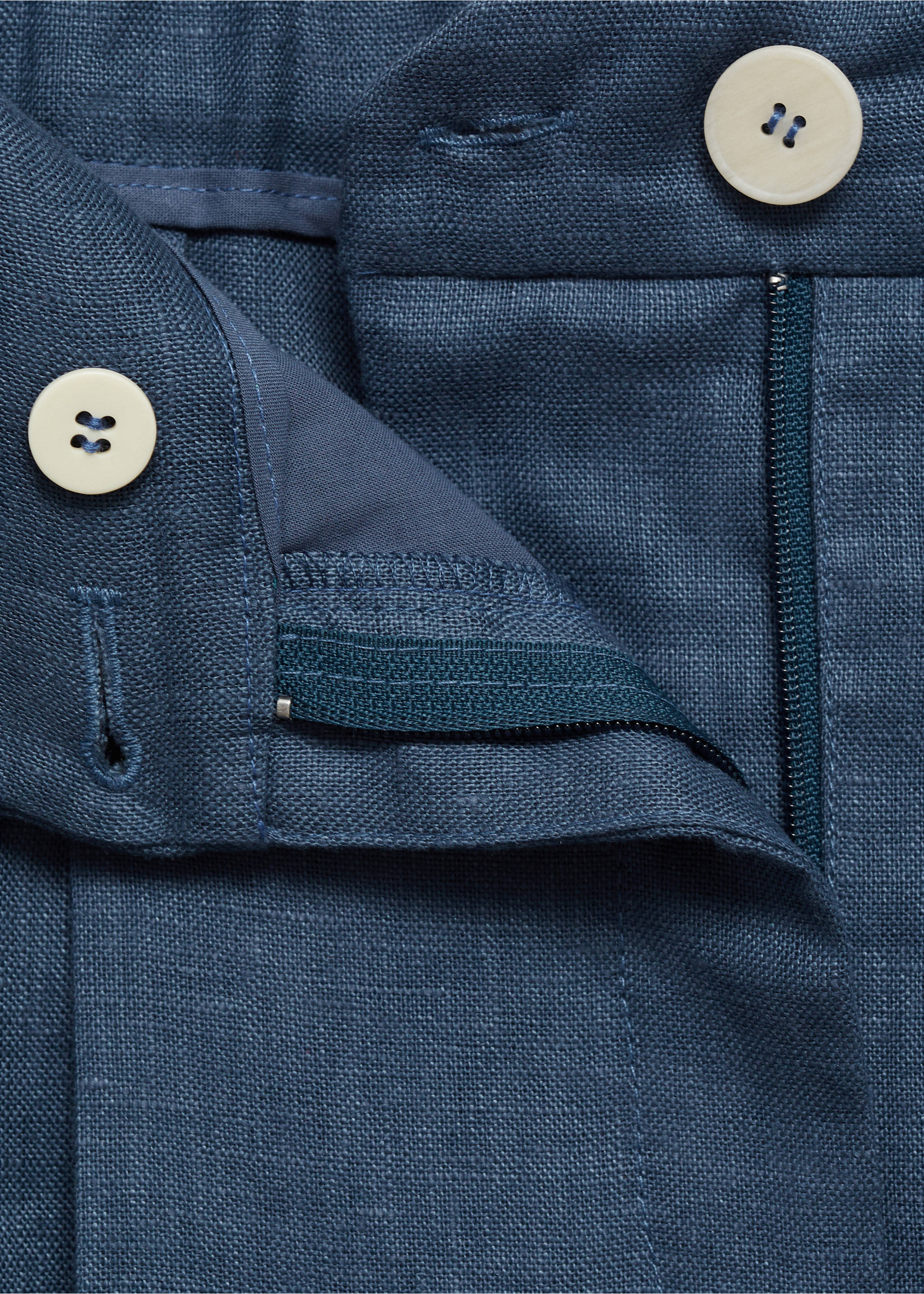 Pleated linen trousers - Details of the article 8, Blue. Ref: 87047694-00.