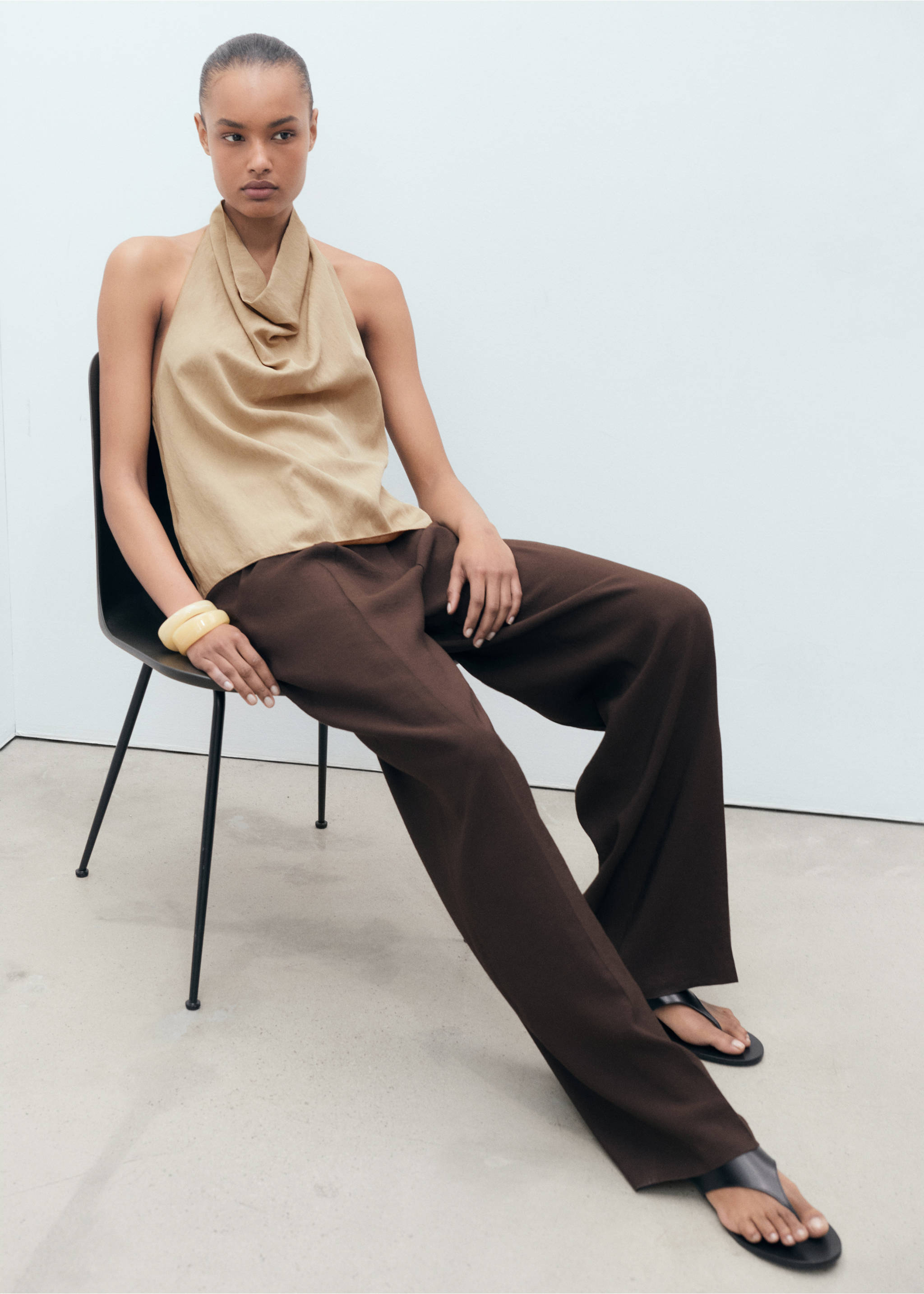 Lyocell top with draped neck - Details of the article 6, Beige. Ref: 87049063-00.