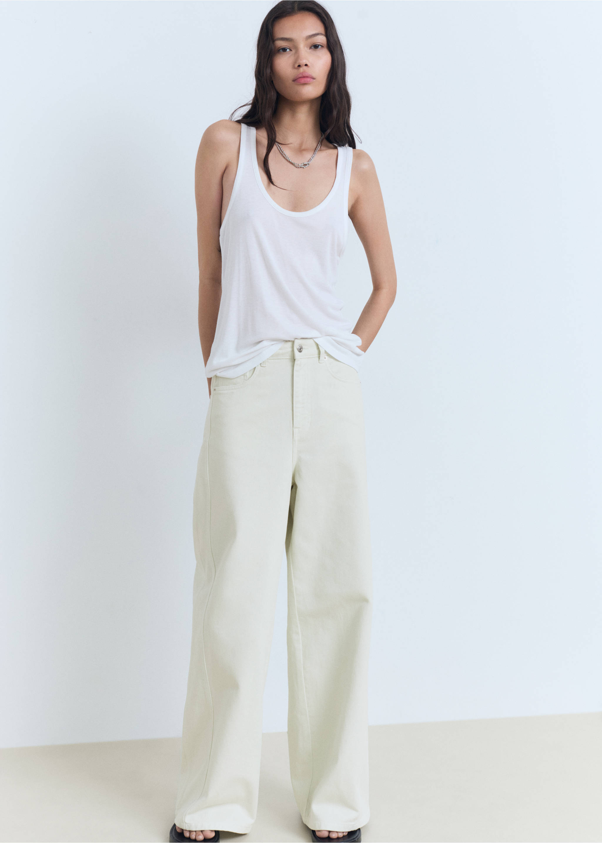 Wide leg mid-rise jeans - Details of the article 2, Pastel Green. Ref: 87049065-00.