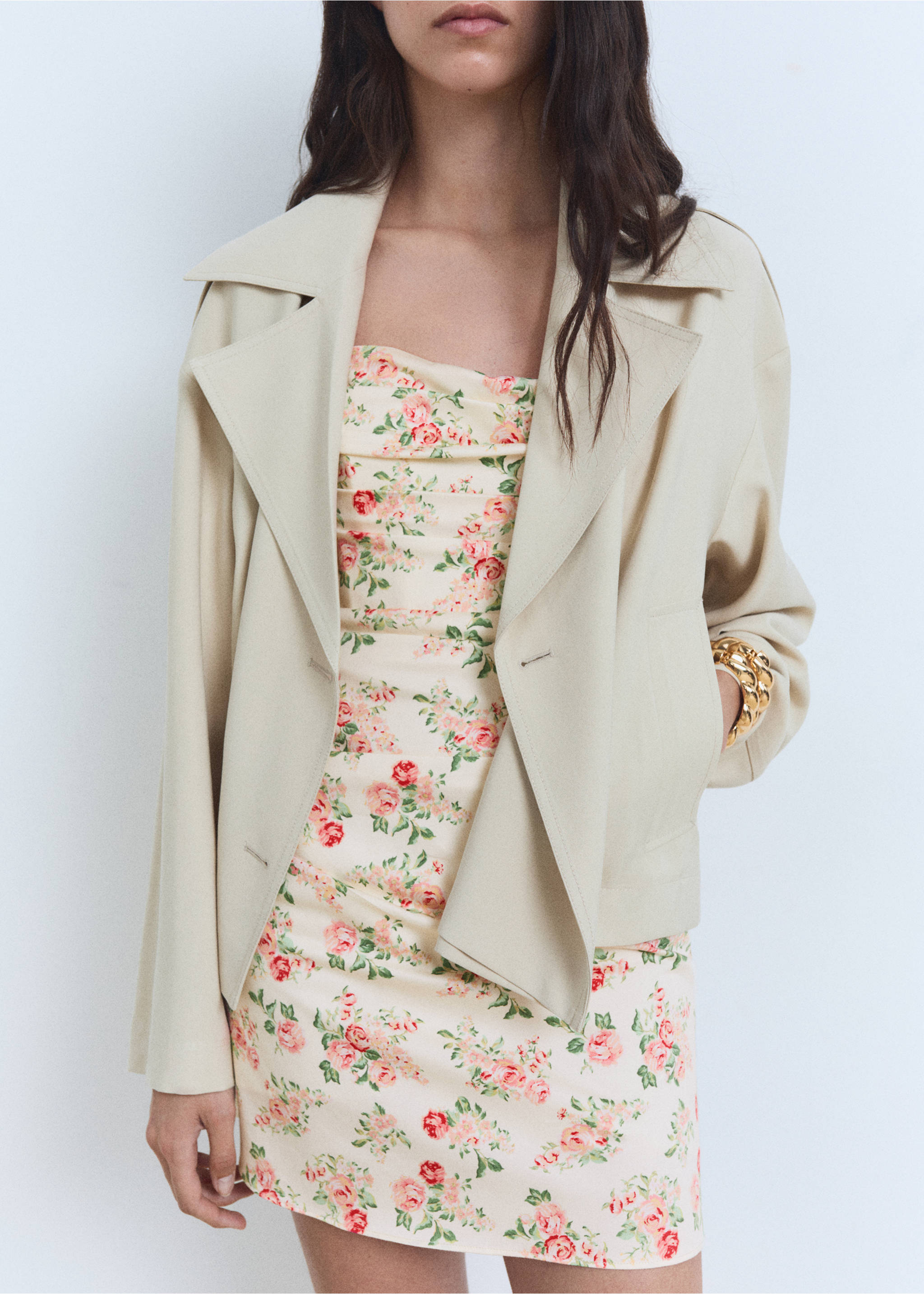 Strapless floral dress - Details of the article 3, Ecru. Ref: 87049066-00.