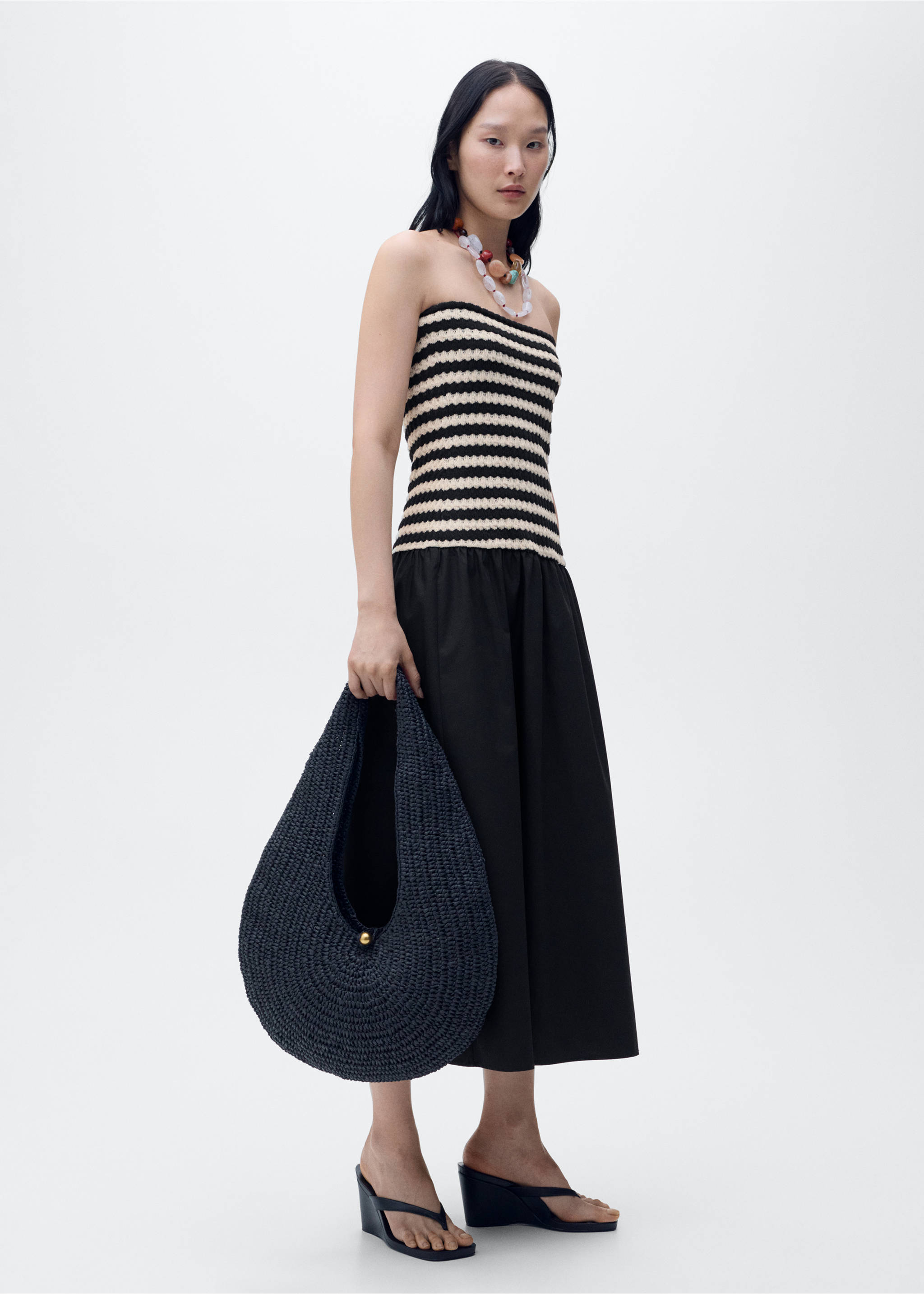 Combined striped strapless dress - General plane, Black. Ref: 87049216-00.