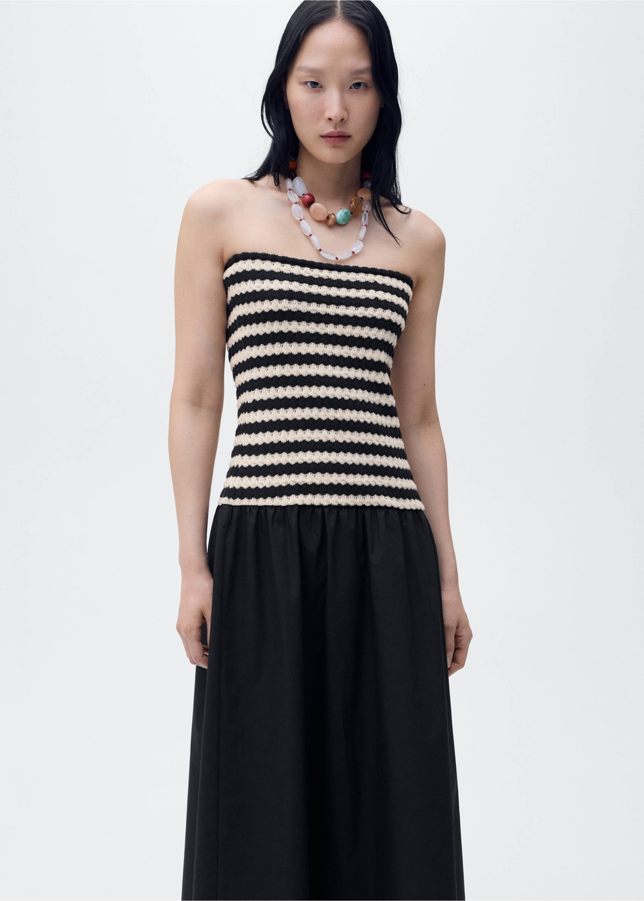 Combined striped strapless dress - Medium plane, Black. Ref: 87049216-00.