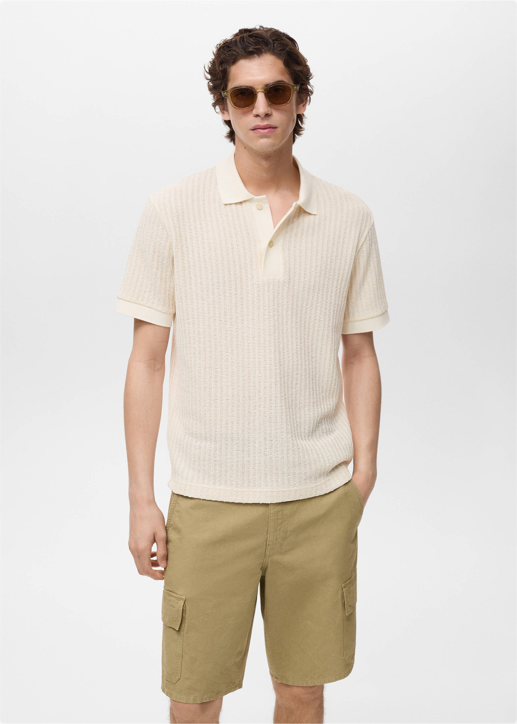 Thick rib-knit polo shirt - Medium plane, Ivory White. Ref: 87049218-00.