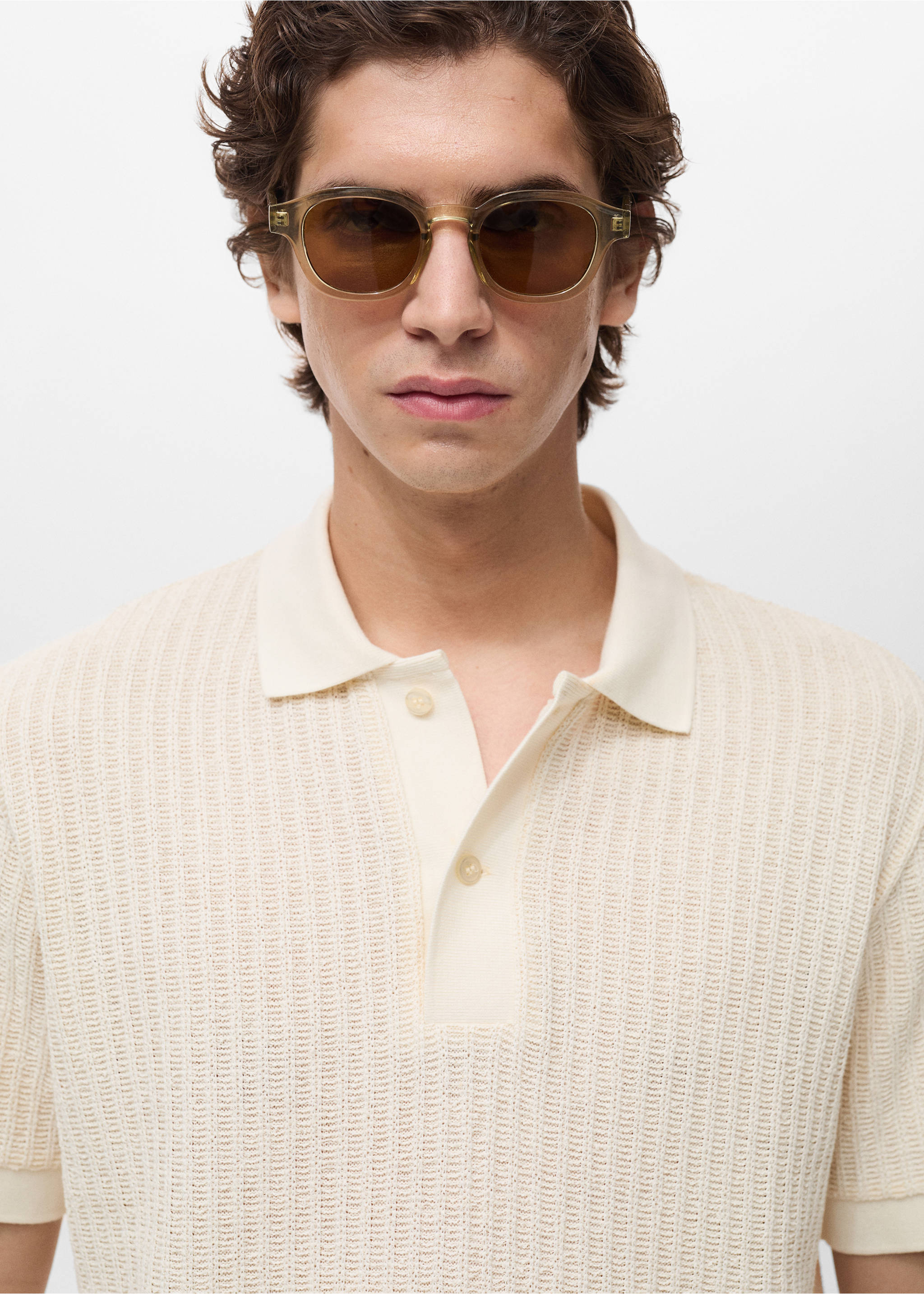 Thick rib-knit polo shirt - Details of the article 1, Ivory White. Ref: 87049218-00.