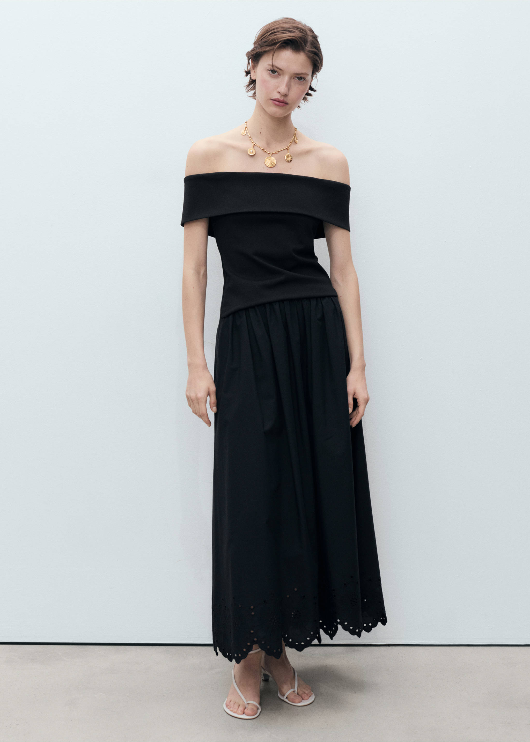 Cotton skirt with embroidered hem - General plane, Black. Ref: 87049219-00.