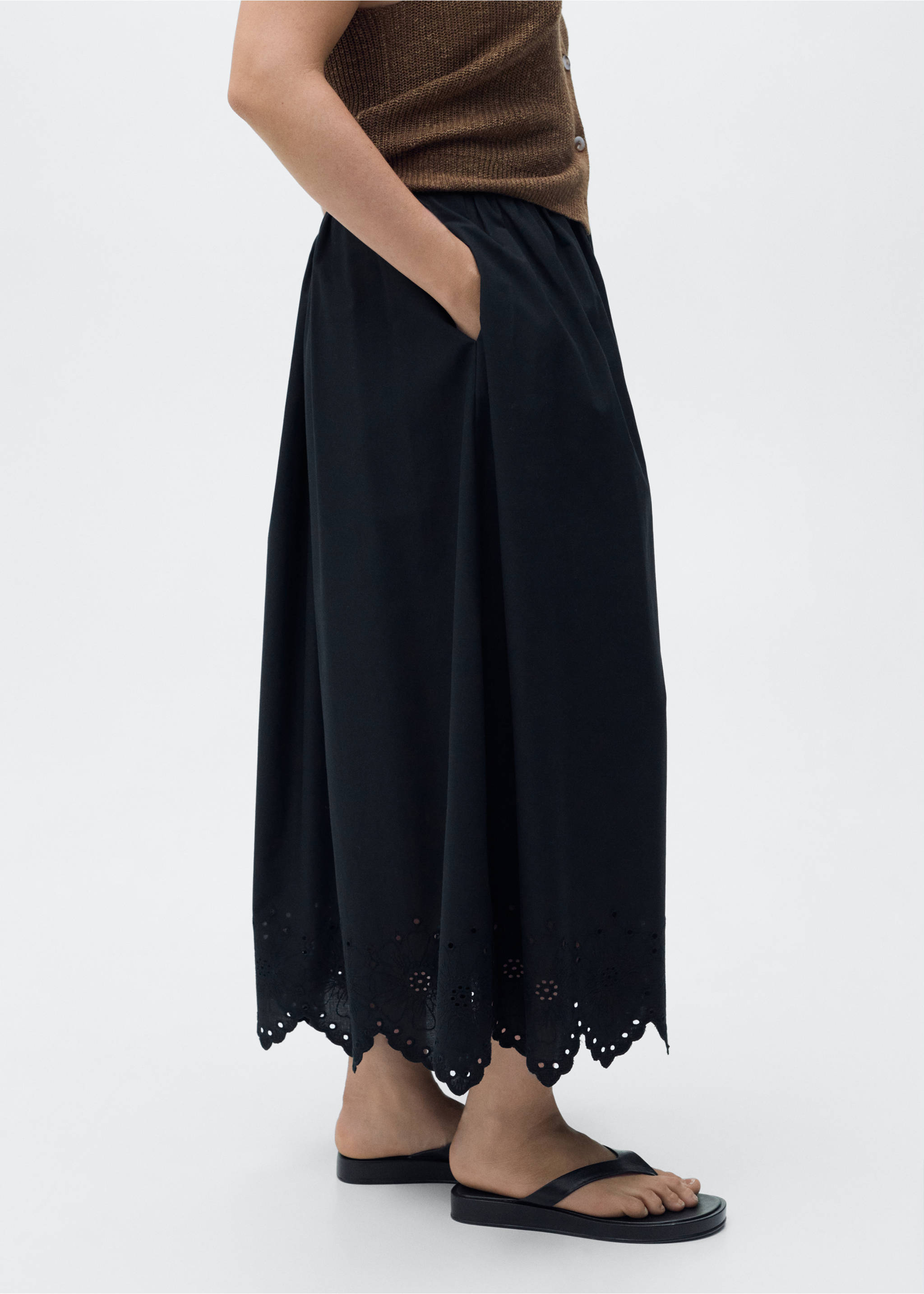 Cotton skirt with embroidered hem - Details of the article 5, Black. Ref: 87049219-00.