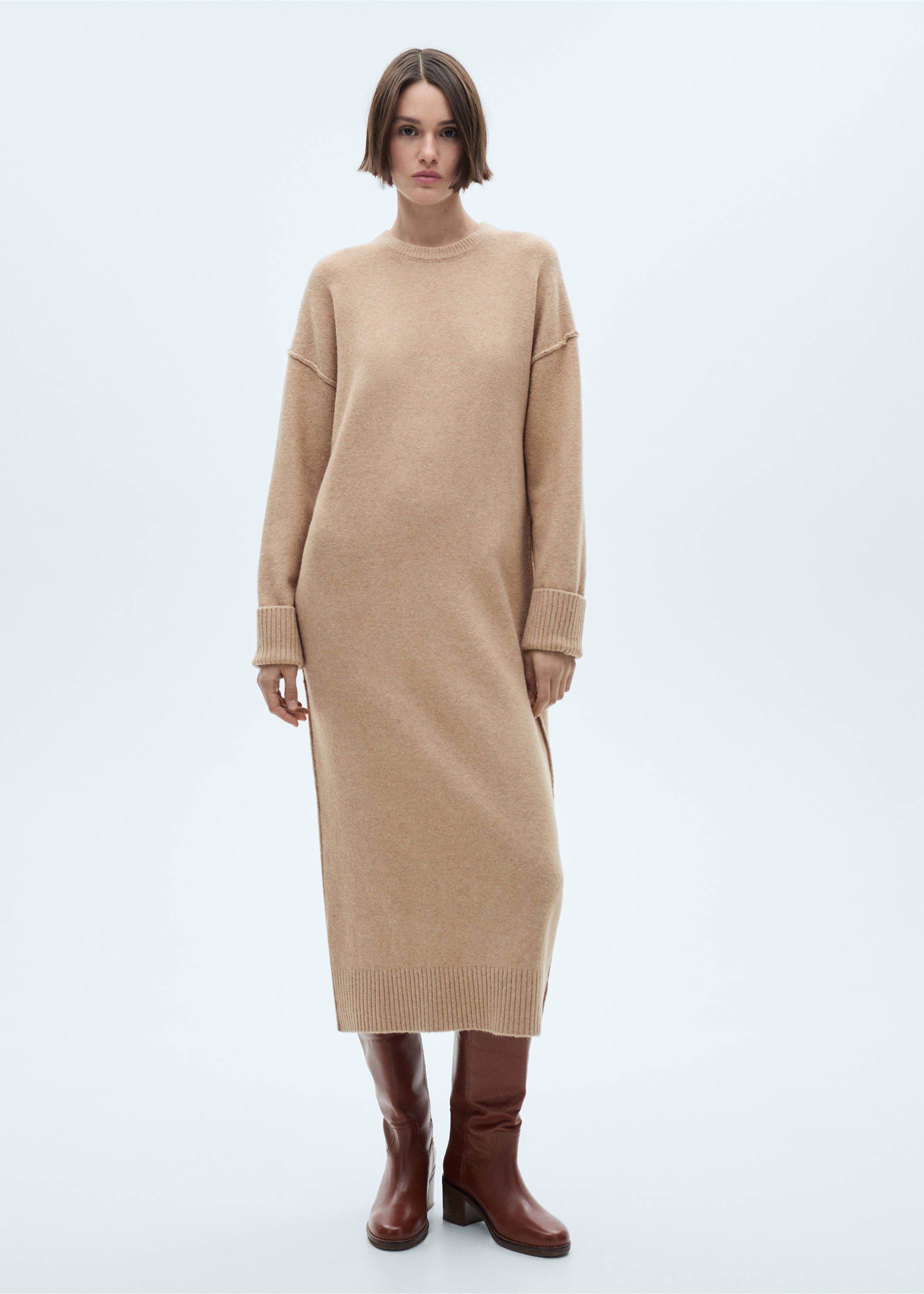 Knitted dress with ribbed finishes - General plane, Medium Brown. Ref: 87050283-00.