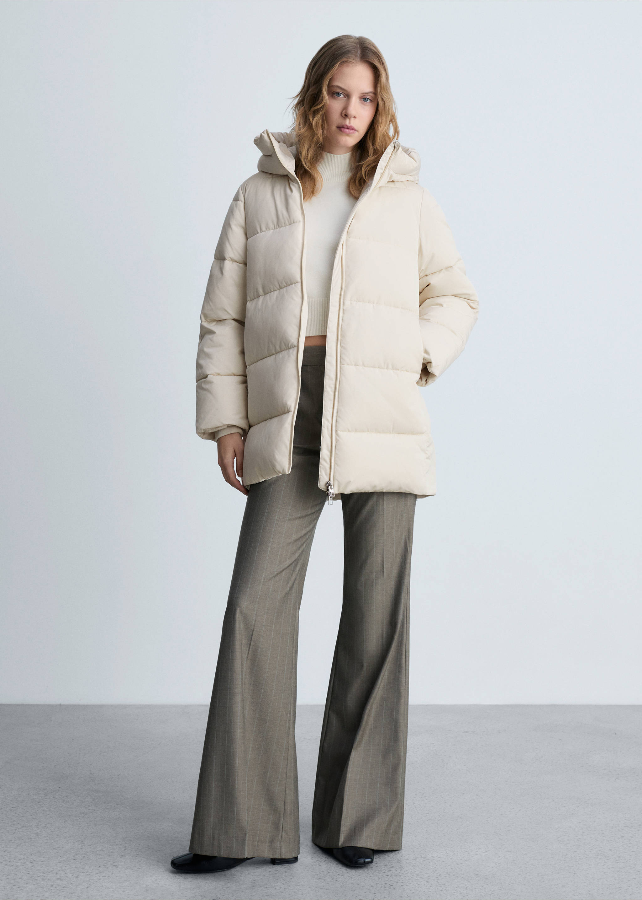 Midi quilted anorak with hood - General plane, Ecru. Ref: 87050306-00.