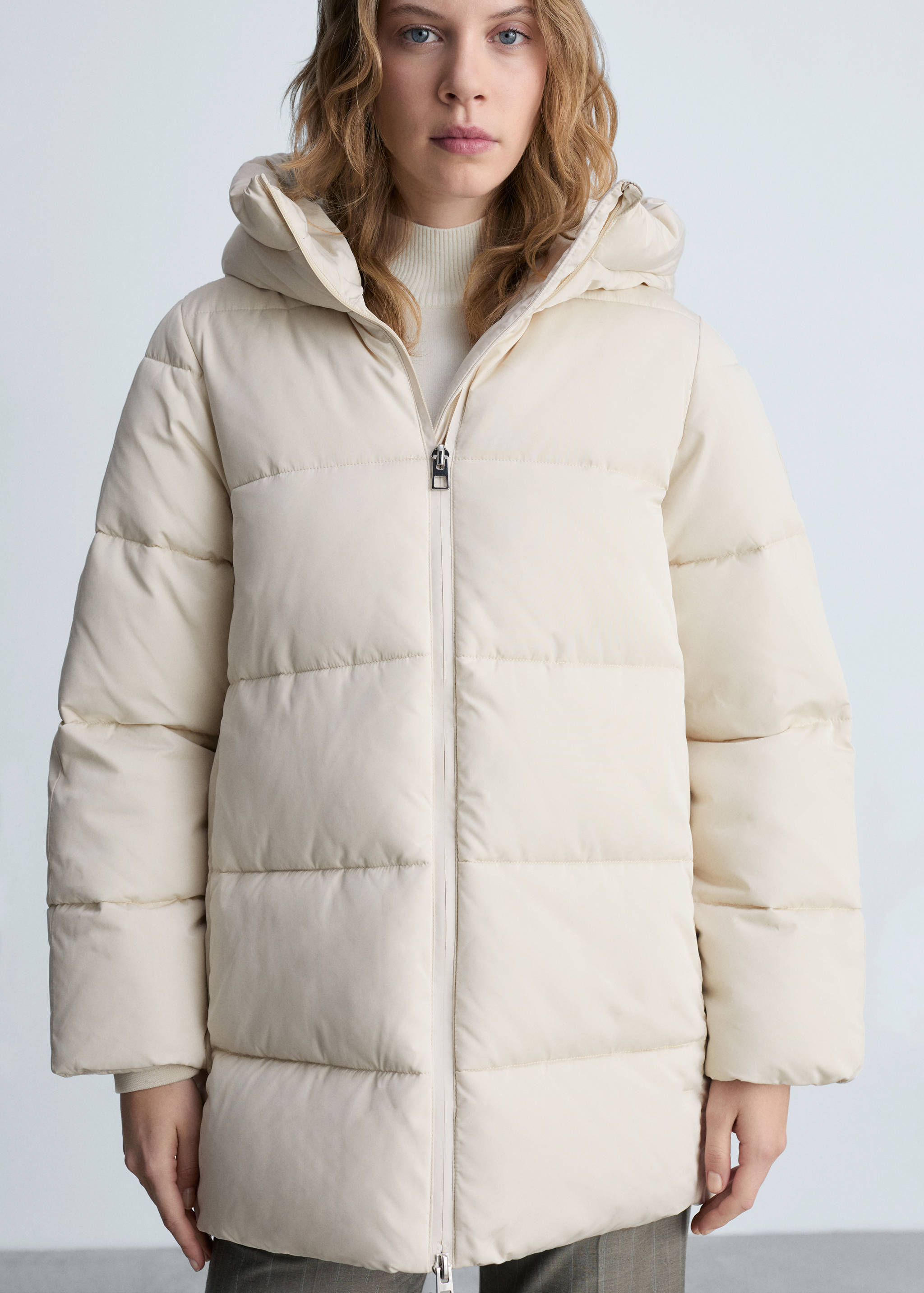 Gewatteerde midi-anorak met capuchon - Middenvlak