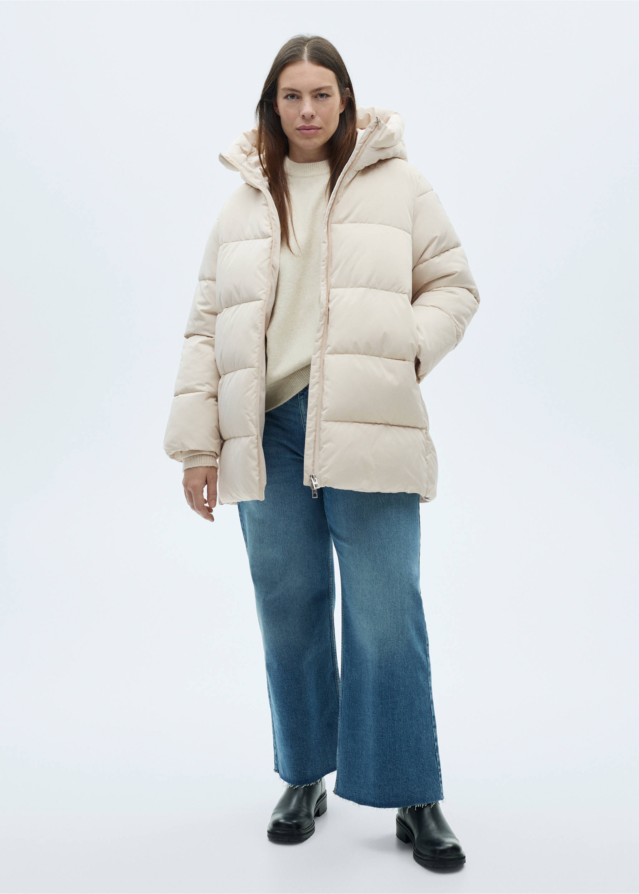 Midi quilted anorak with hood - Details of the article 3, Ecru. Ref: 87050306-00.