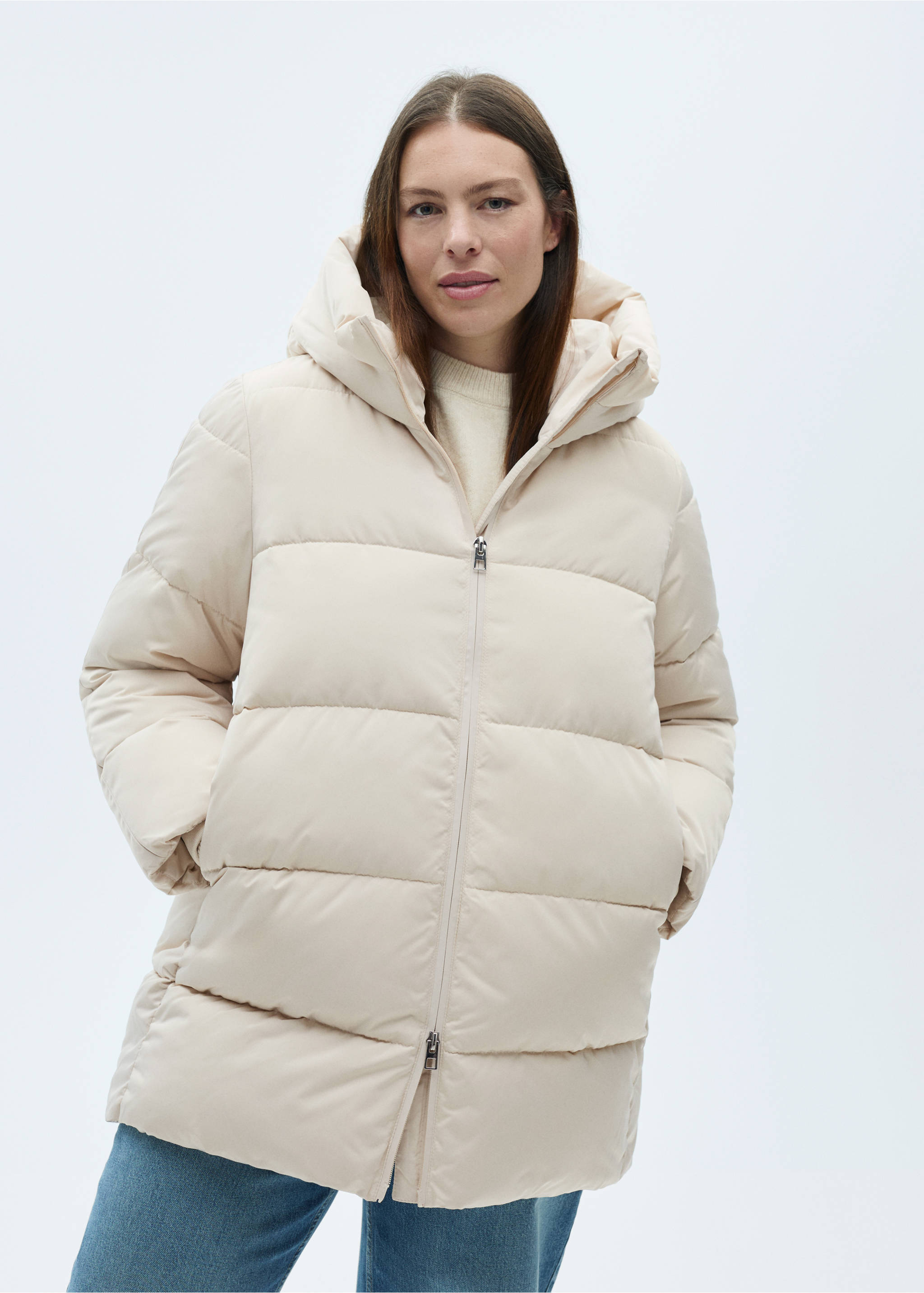 Midi quilted anorak with hood - Details of the article 5, Ecru. Ref: 87050306-00.