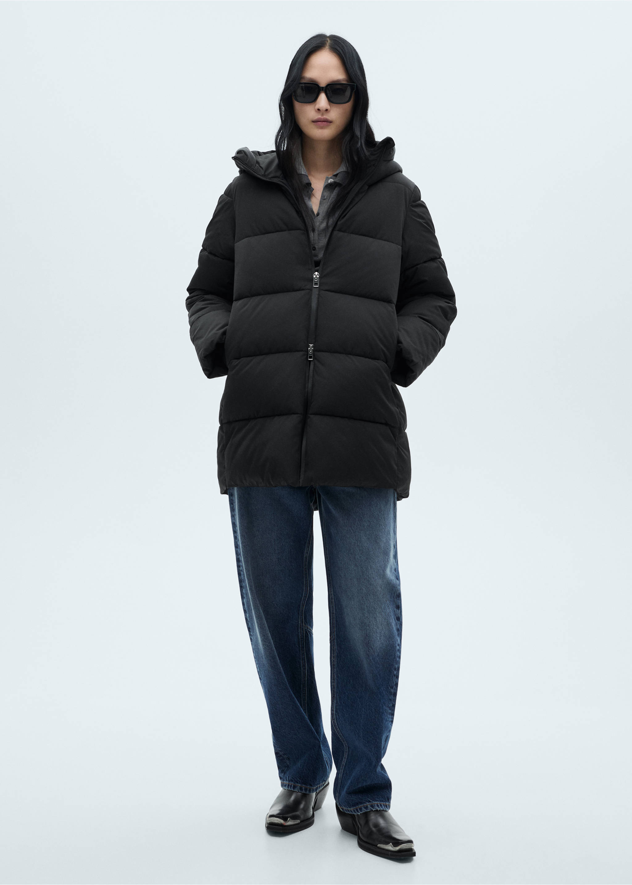 Midi quilted anorak with hood - General plane, Black. Ref: 87050306-00.