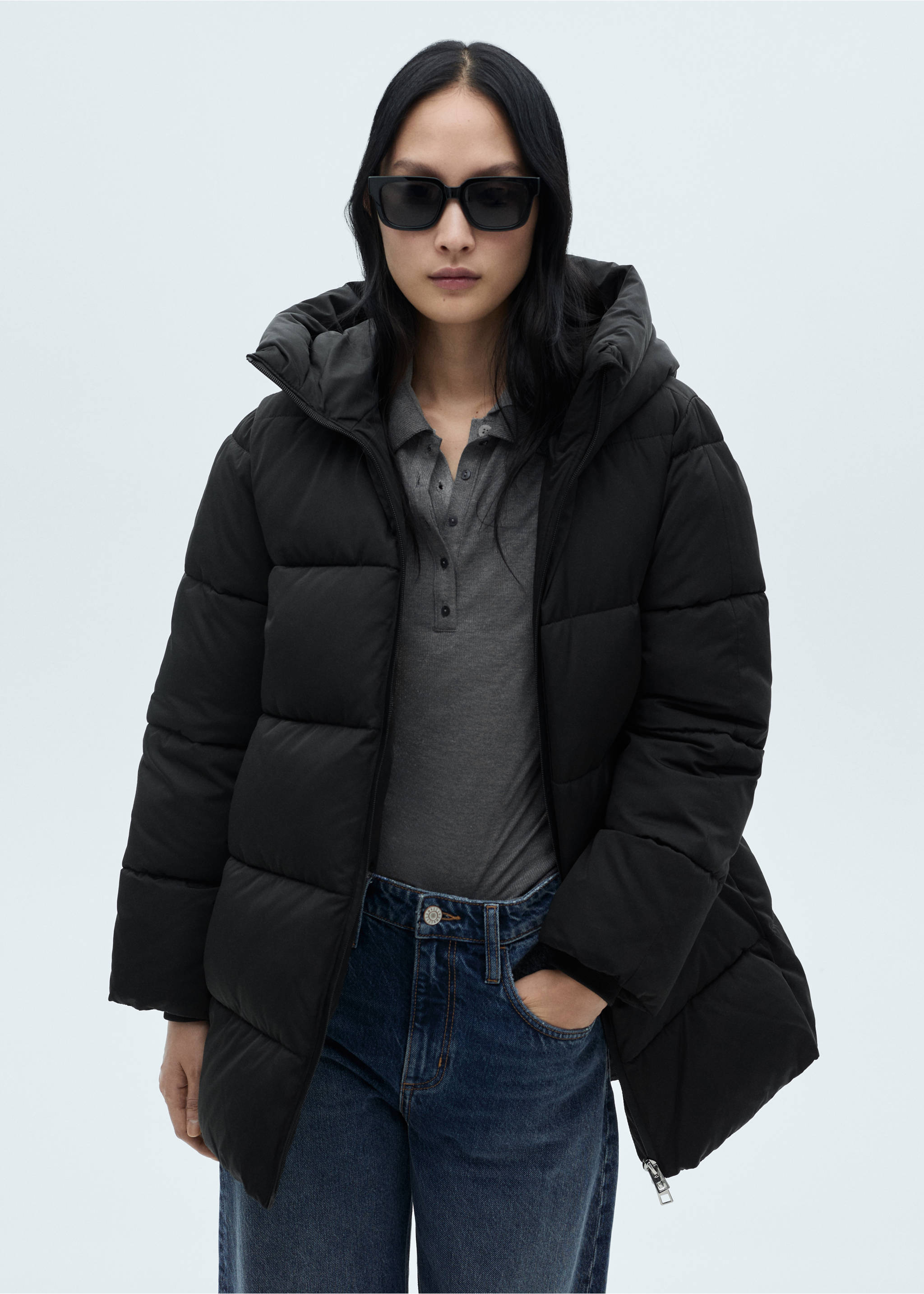 Midi quilted anorak with hood - Medium plane, Black. Ref: 87050306-00.