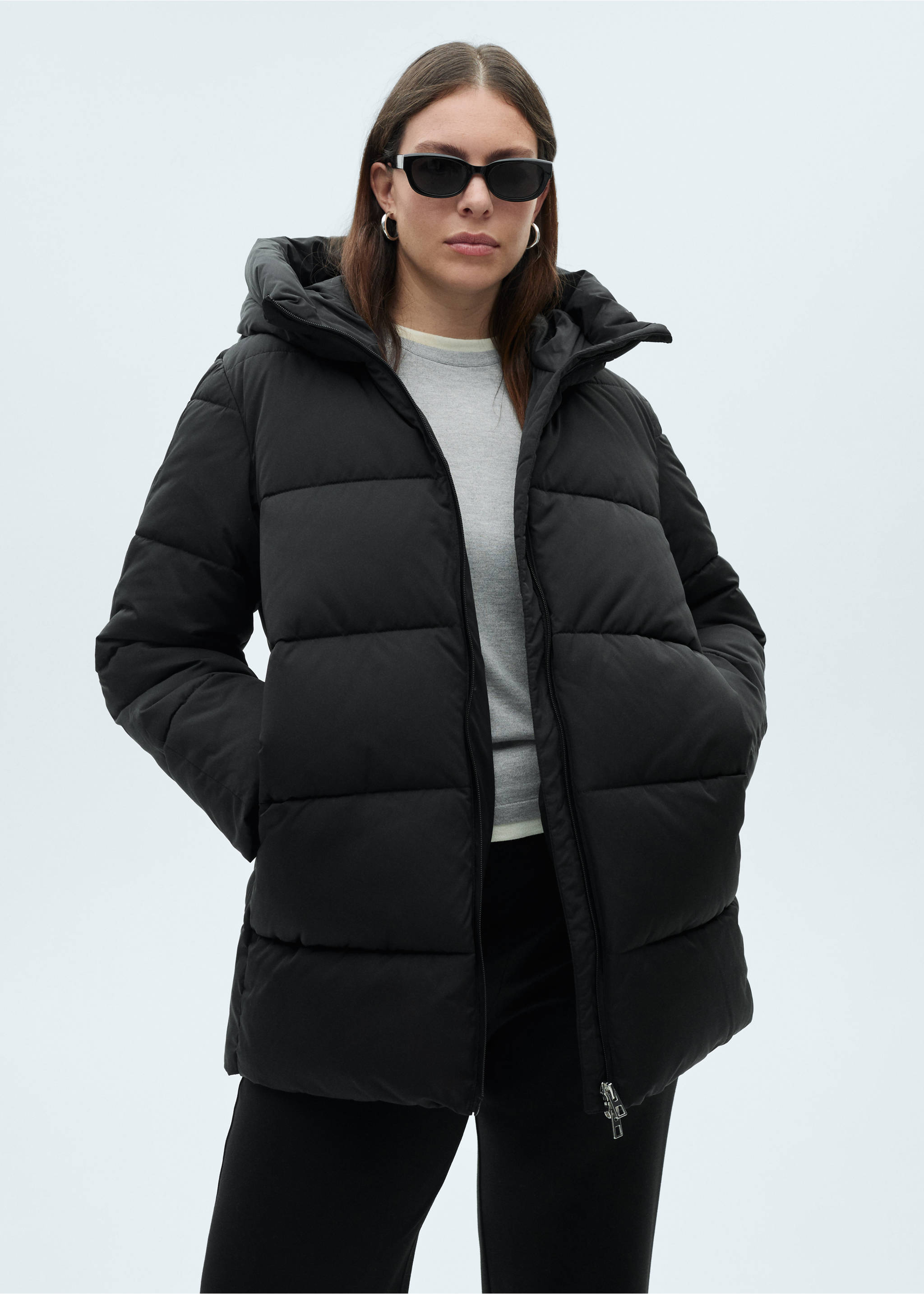 Midi quilted anorak with hood - Details of the article 5, Black. Ref: 87050306-00.