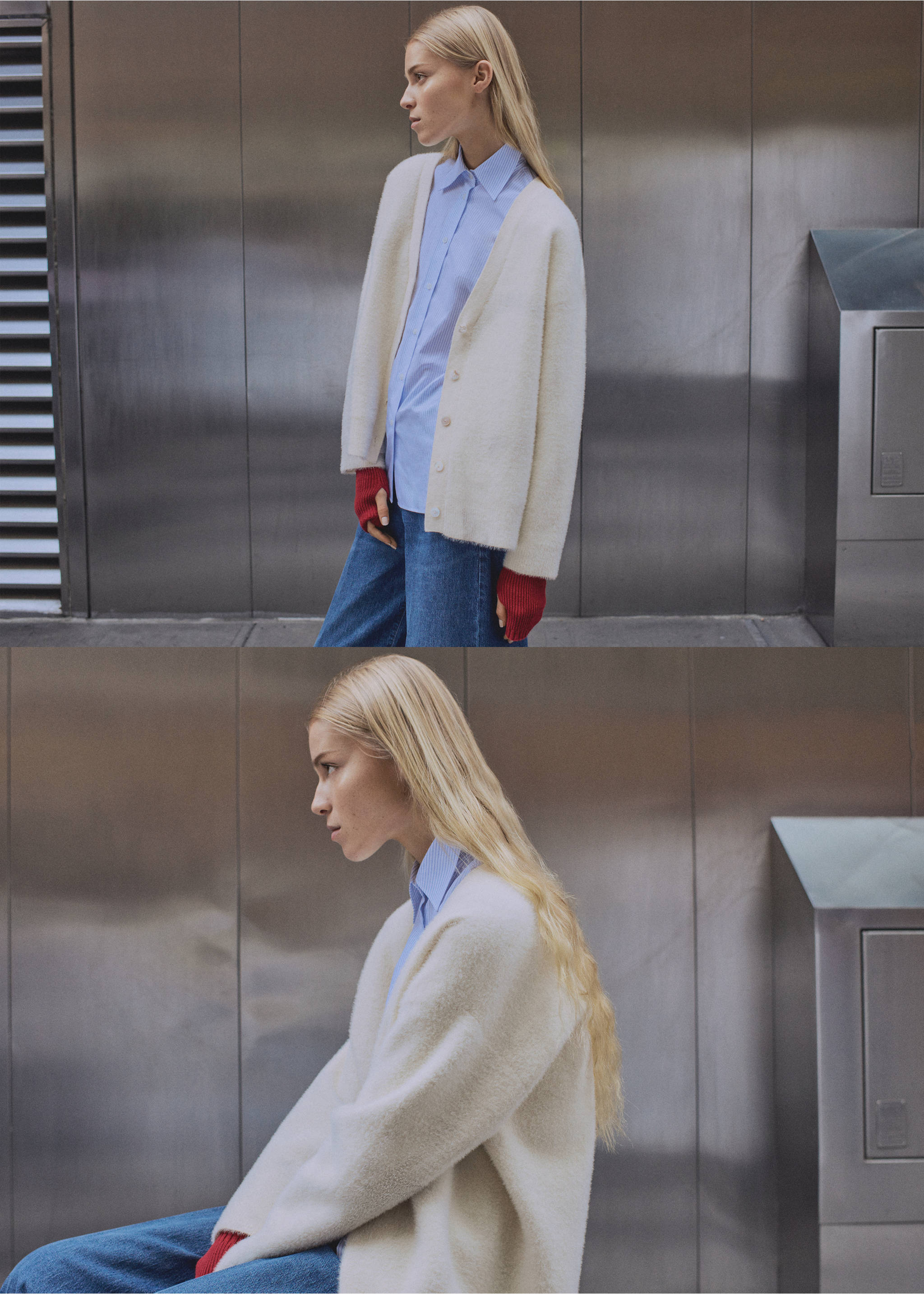 Faux-fur knitted cardigan - Details of the article 2, Ecru. Ref: 87050352-00.