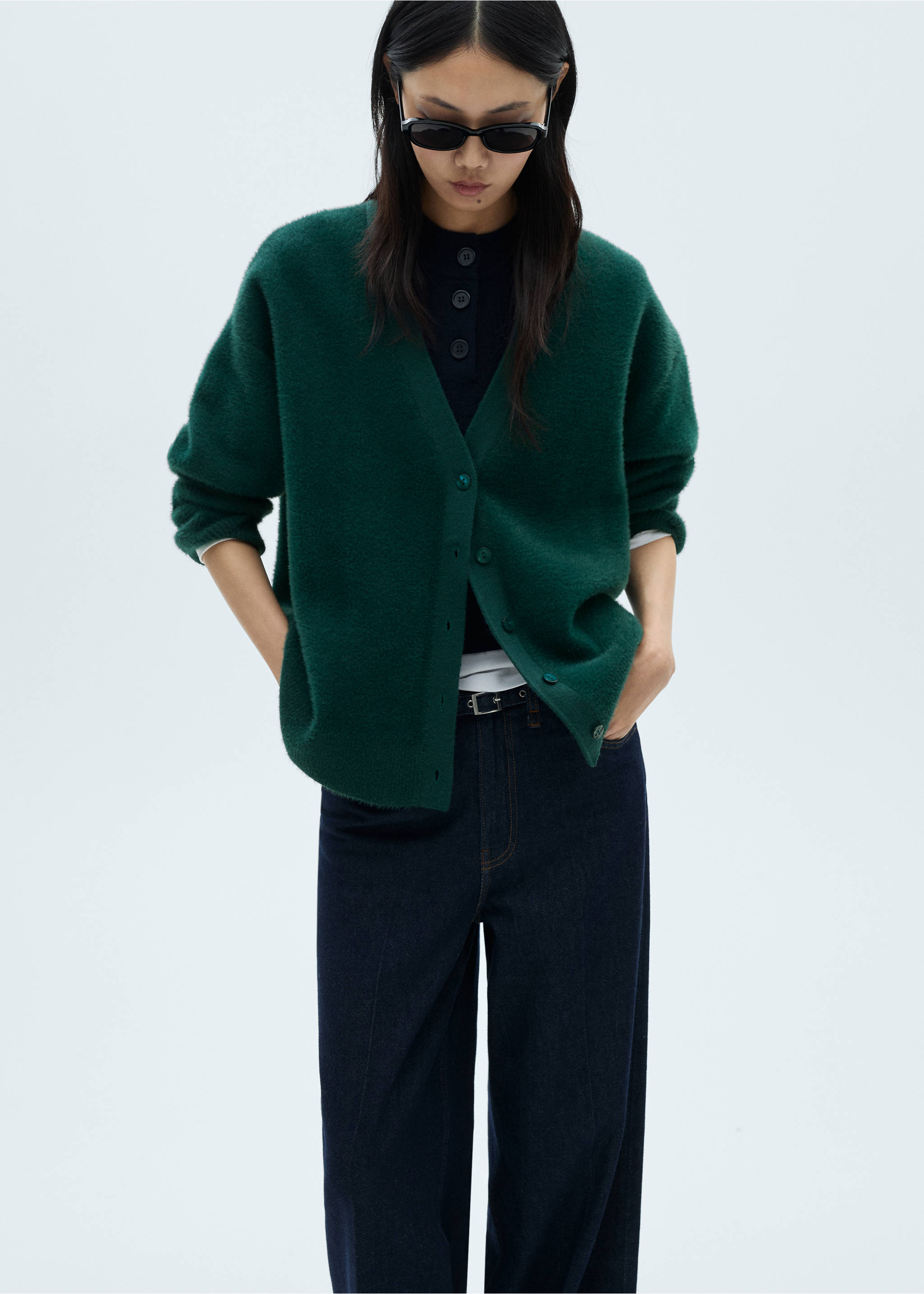 Faux-fur knitted cardigan - Medium plane, Petrol Blue. Ref: 87050352-00.