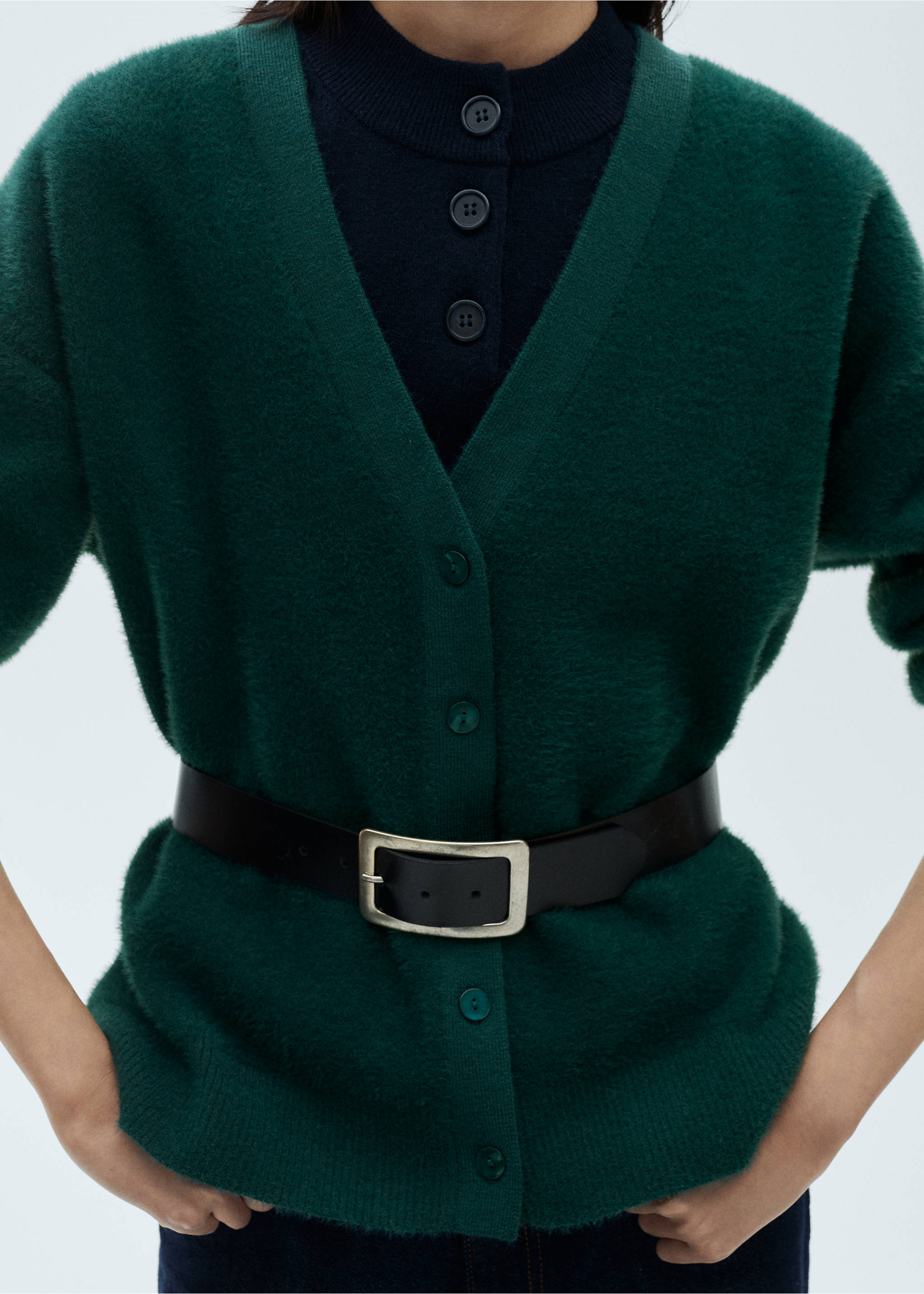 Faux-fur knitted cardigan - Details of the article 3, Petrol Blue. Ref: 87050352-00.
