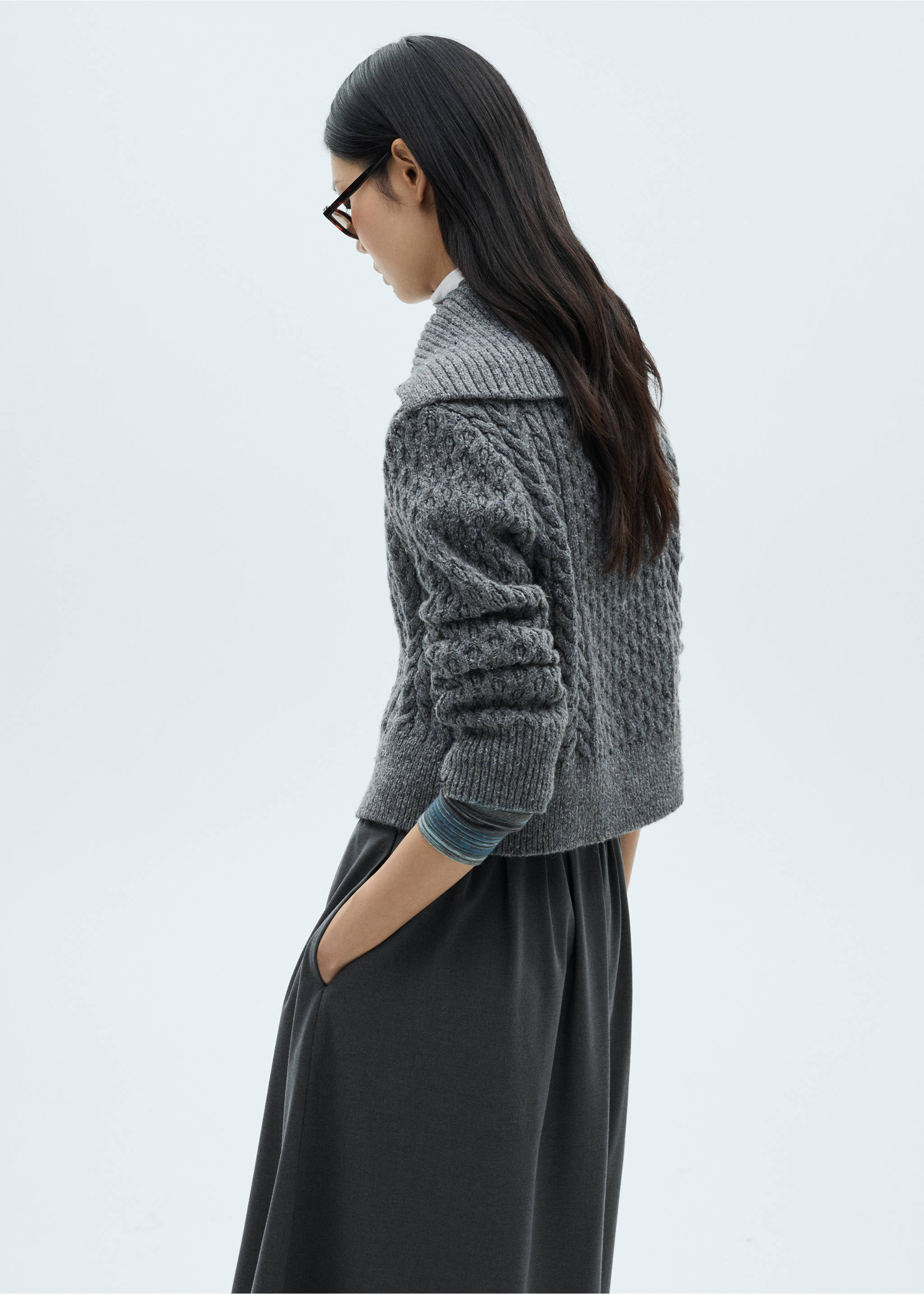 Cabled heather cardigan - Reverse of the article, Grey. Ref: 87050367-00.