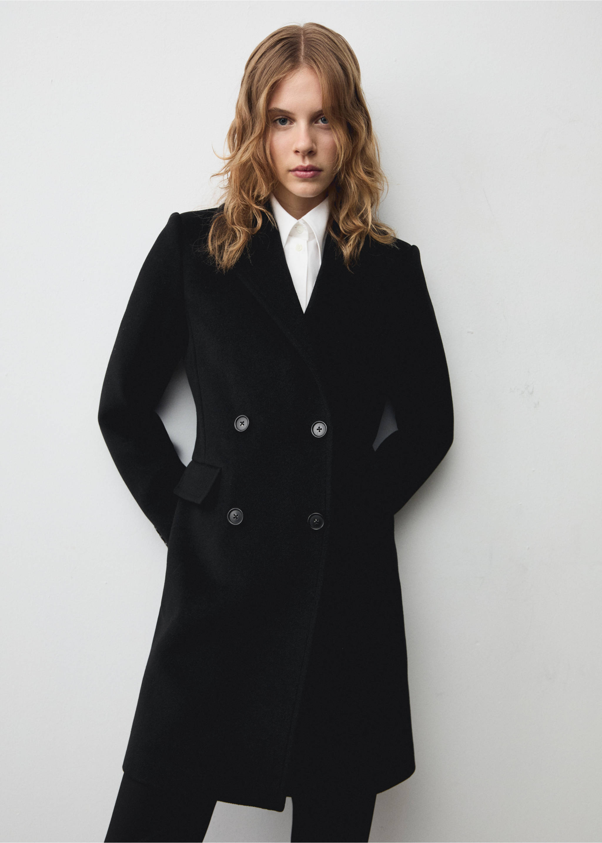 Double-breasted midi wool coat - Medium plane, Black. Ref: 87050428-00.