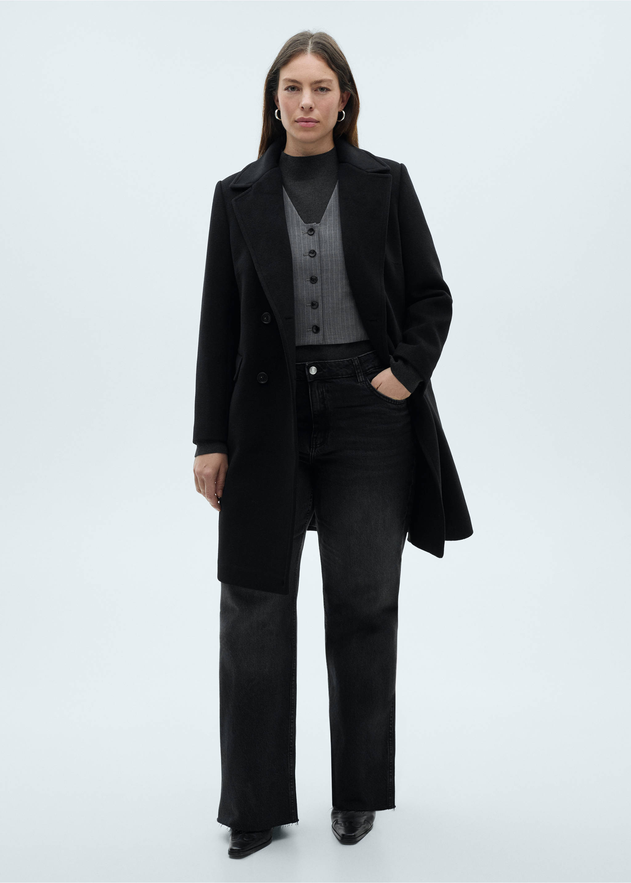 Double-breasted midi wool coat - Details of the article 3, Black. Ref: 87050428-00.