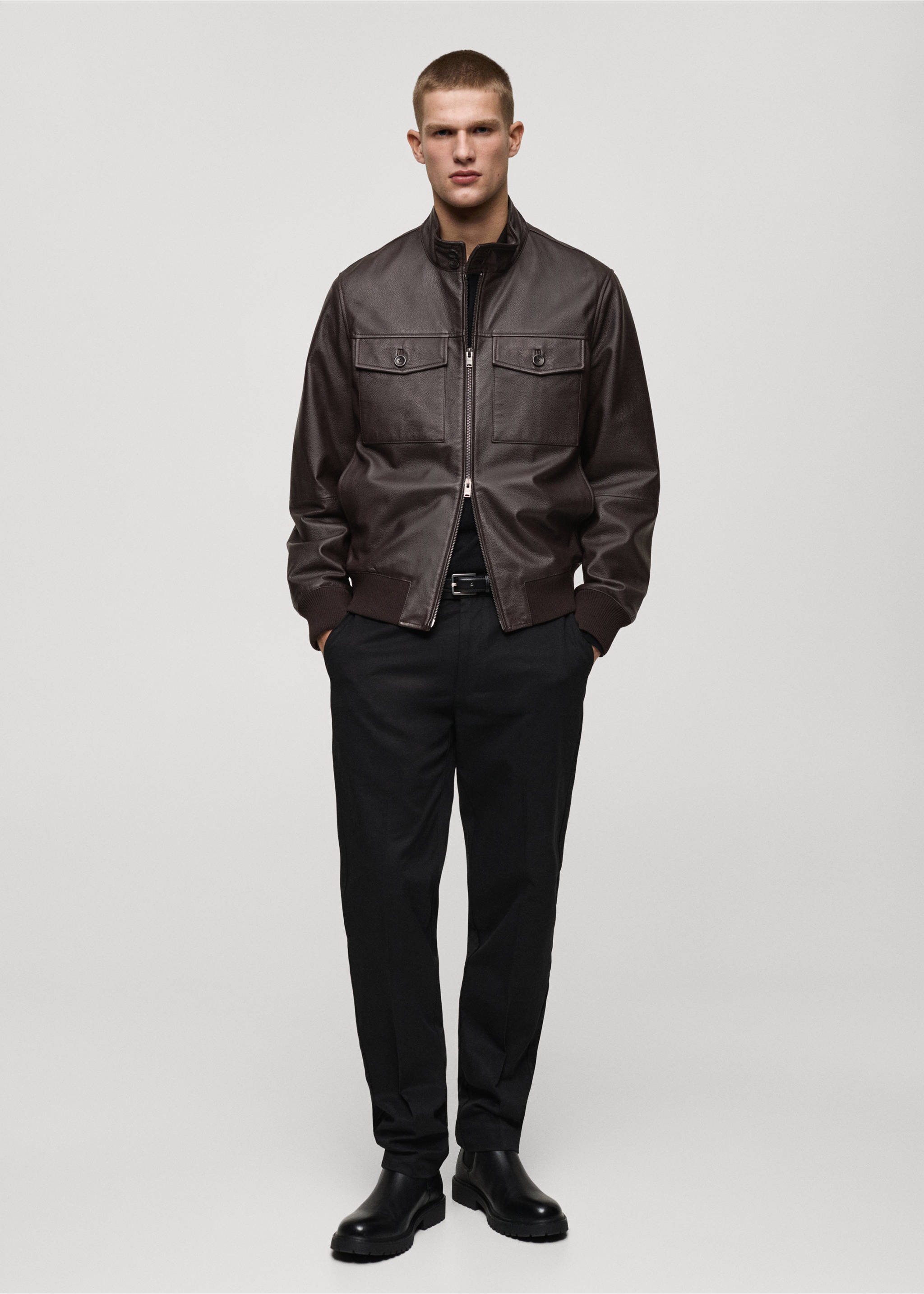 Blouson biker cuir poches - Plan général, Marron. Ref: 87050576-00.