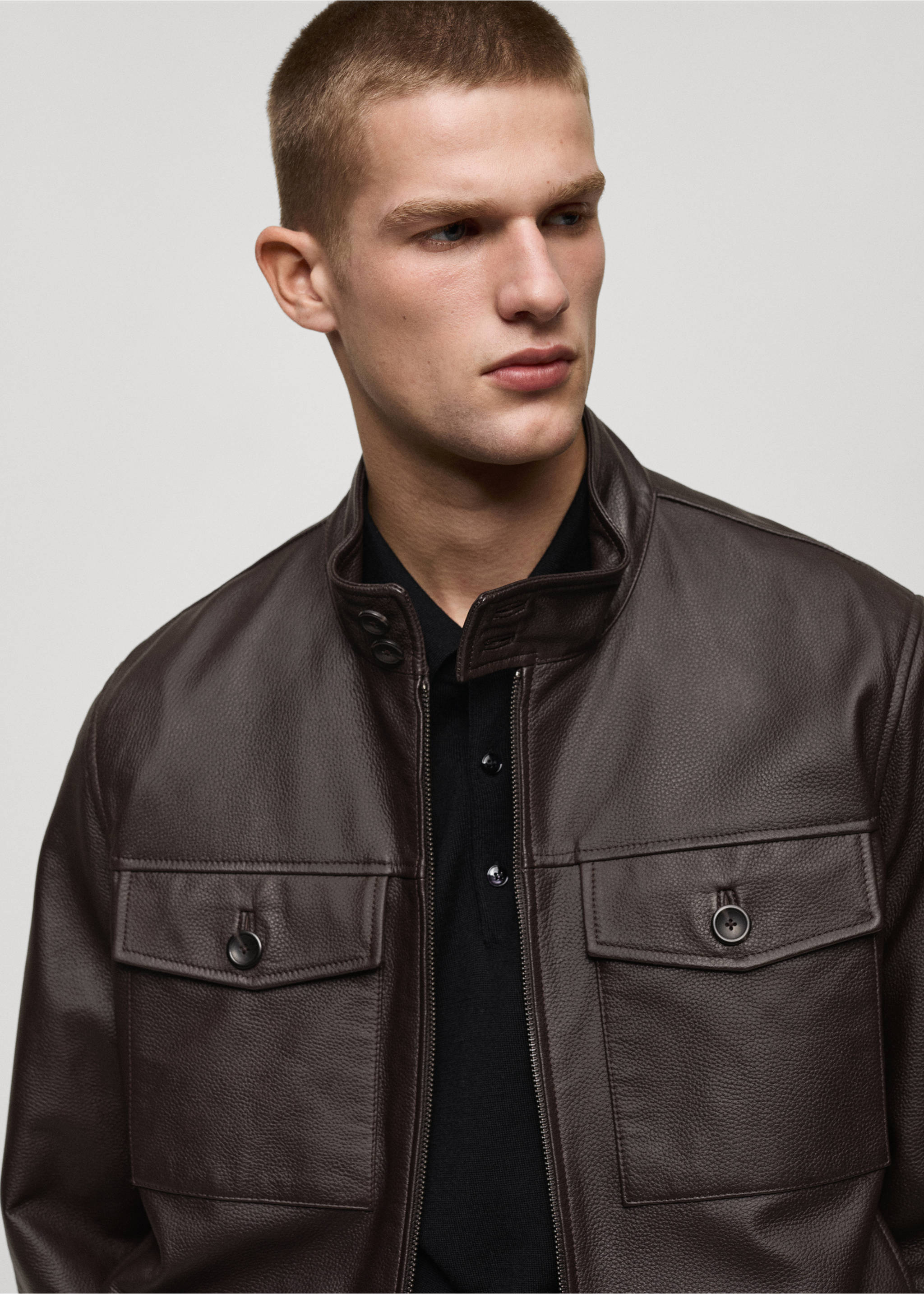 Blouson biker cuir poches - Détail de l'article 1, Marron. Ref: 87050576-00.