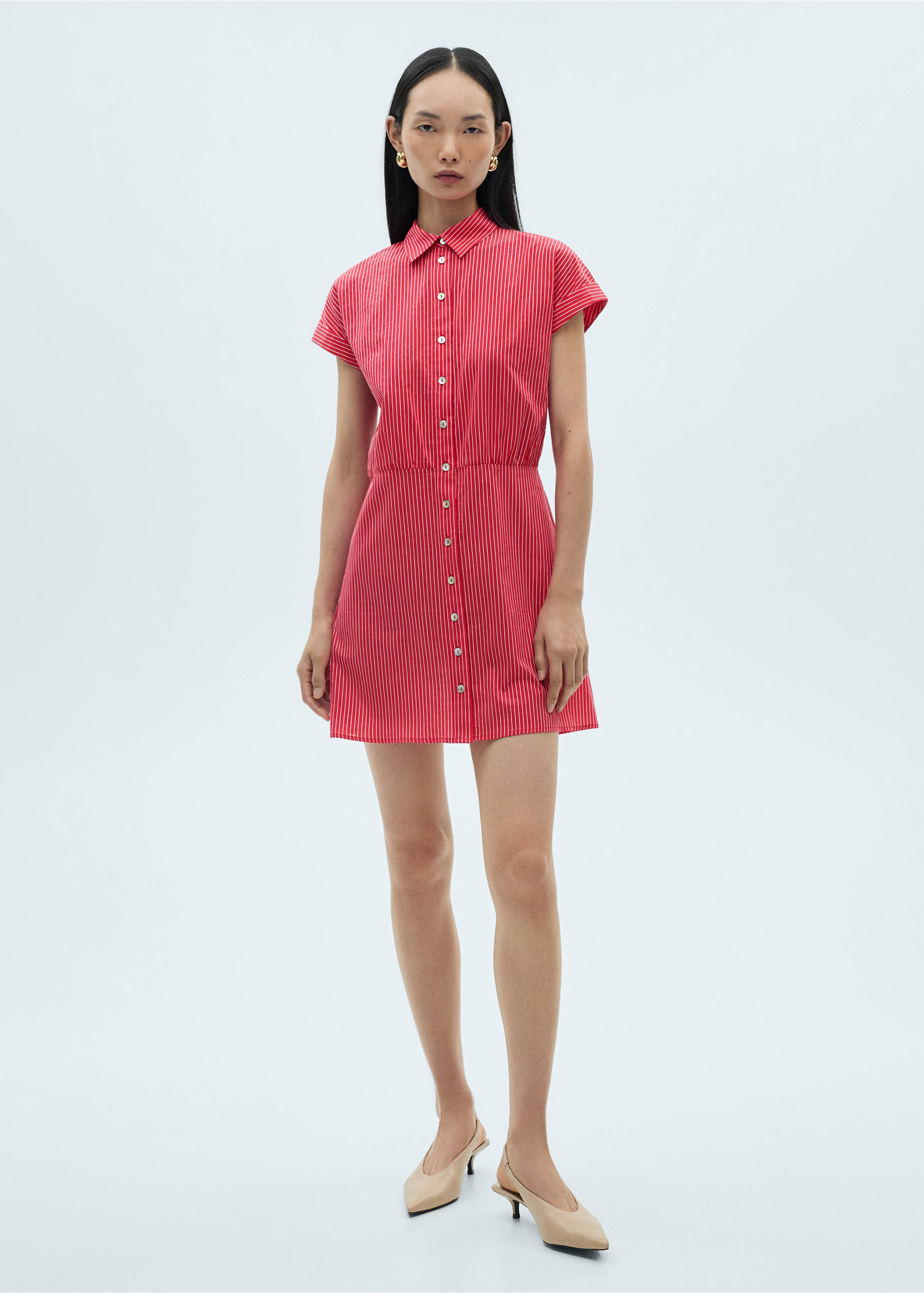 Robe chemise coton rayures - Plan général, Rouge. Ref: 87050577-00.