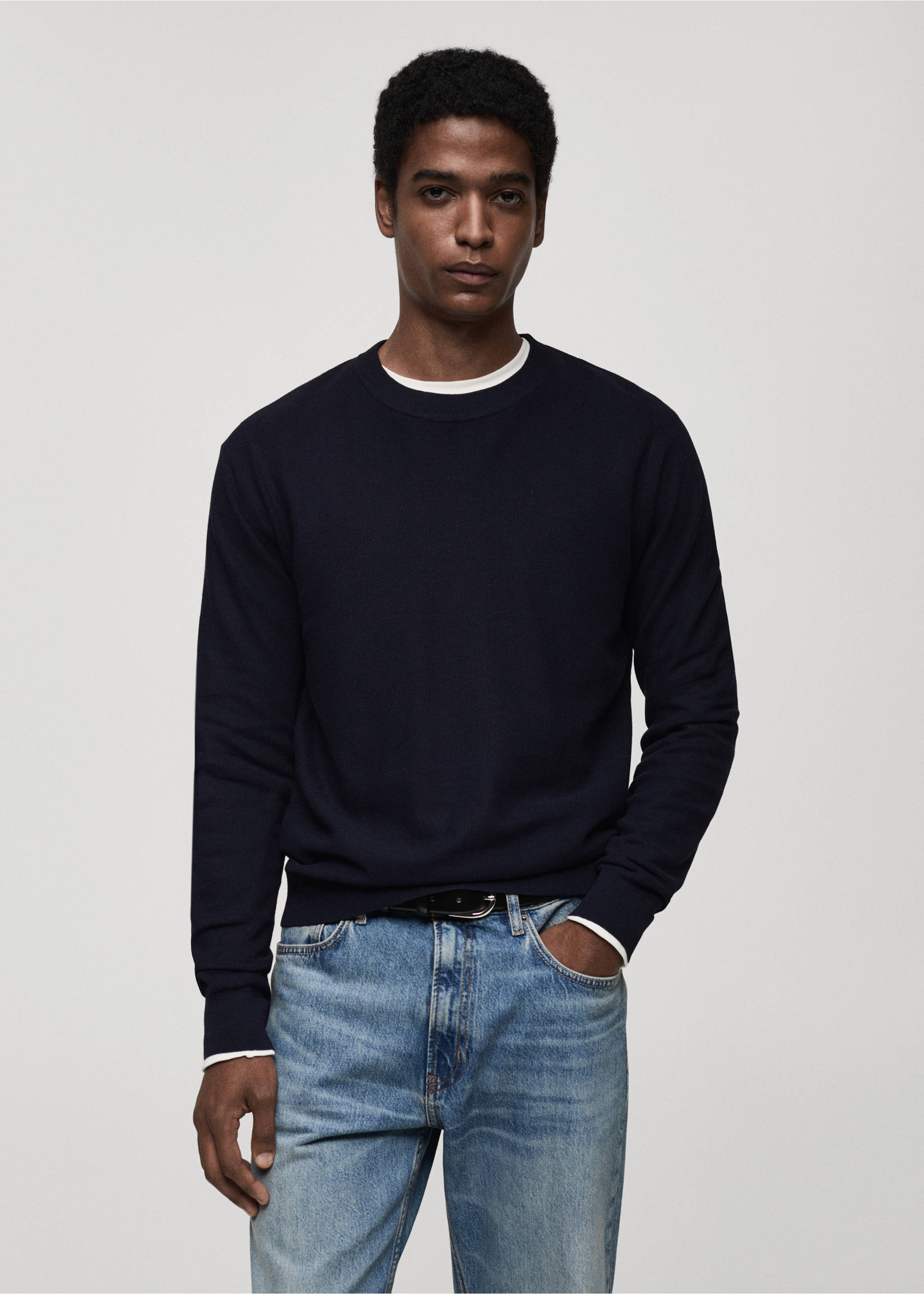 Microstructured cotton knitted sweater - Medium plane, Dark Navy. Ref: 87050599-00.