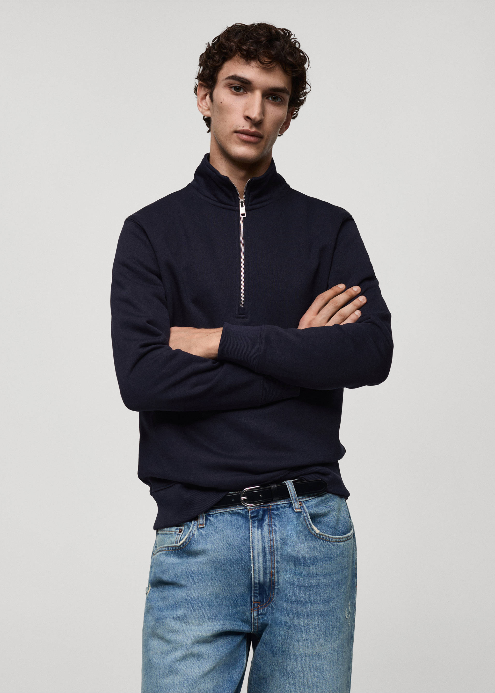 Regular-fit zip-neck sweatshirt - Medium plane, Dark Navy. Ref: 87050601-00.