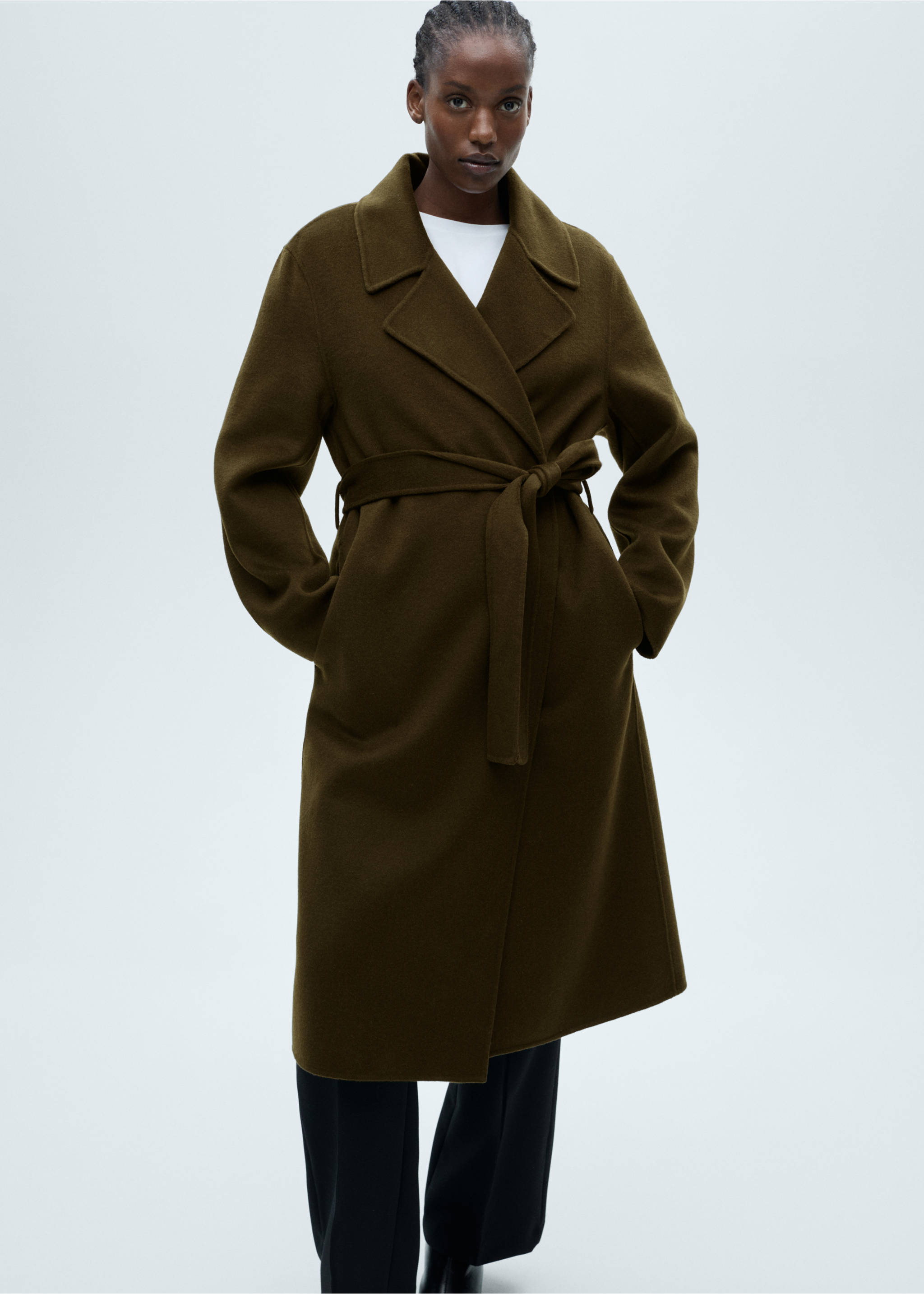 Handmade long coat with belt - Details of the article 5, Khaki. Ref: 87050616-00.