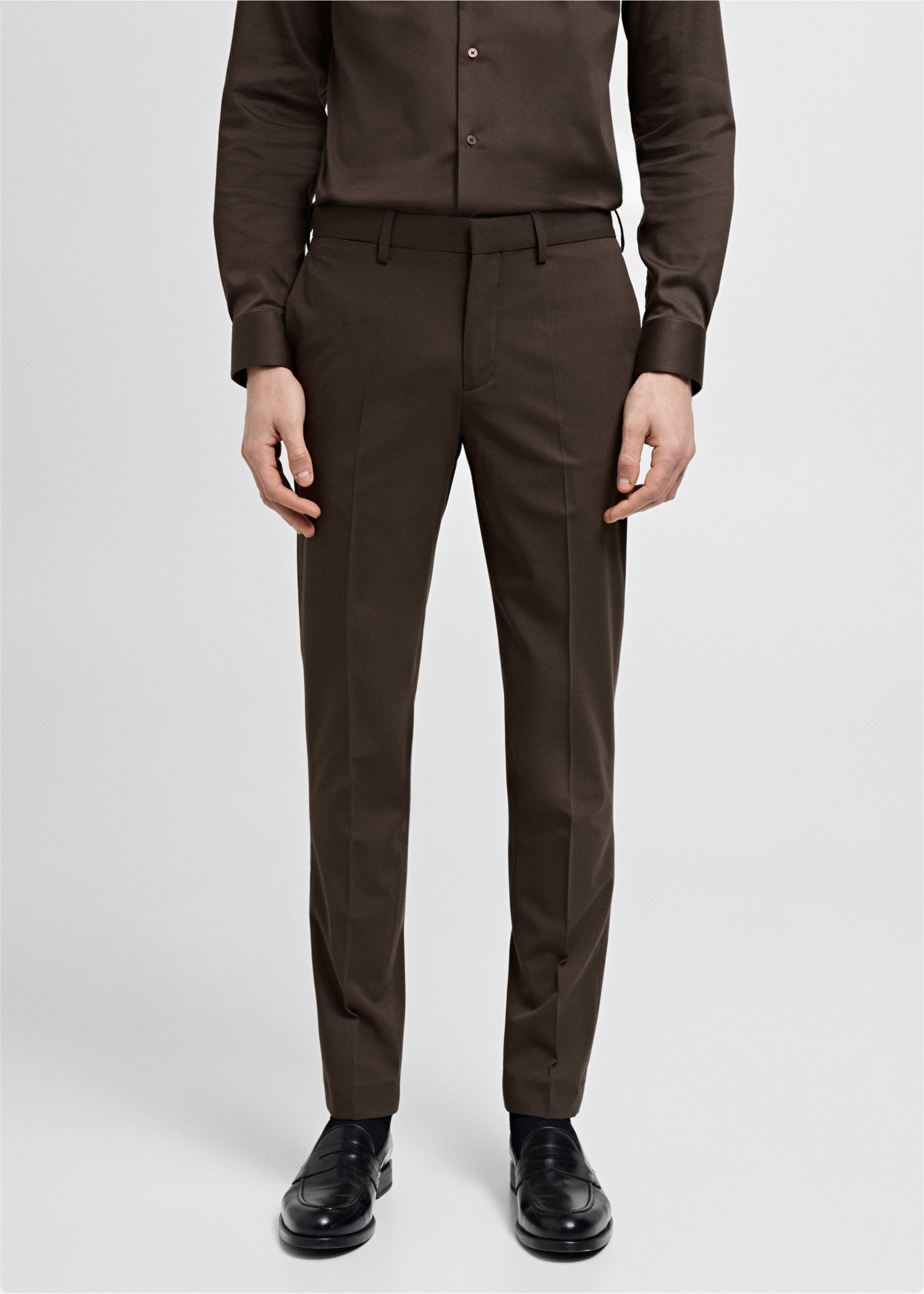 Super Slim Fit-Anzughose aus Stretchstoff - Mittlere Ansicht, Braun. Ref: 87050623-00.