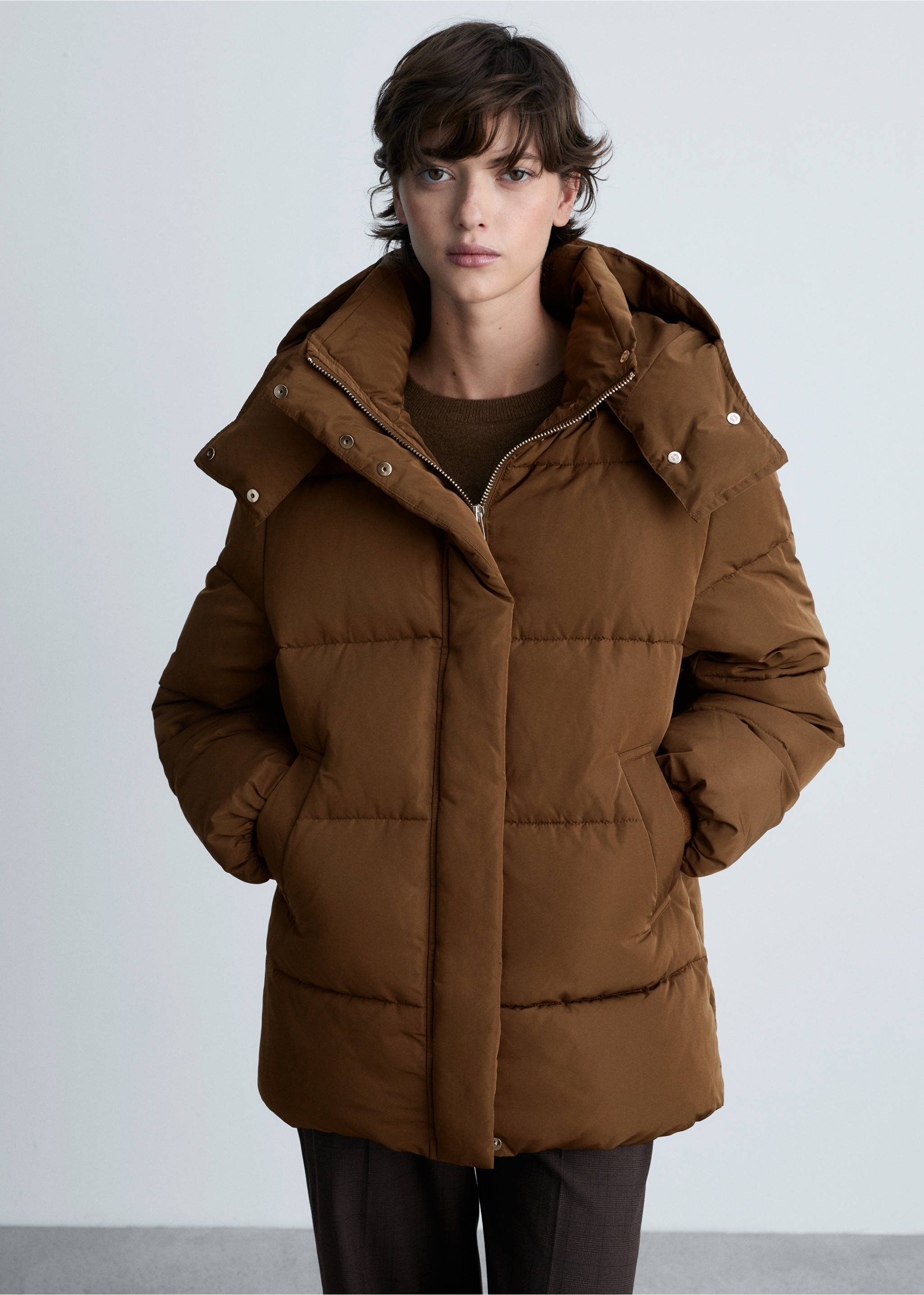 Midi quilted anorak with hood - Medium plane, Medium Brown. Ref: 87051514-00.