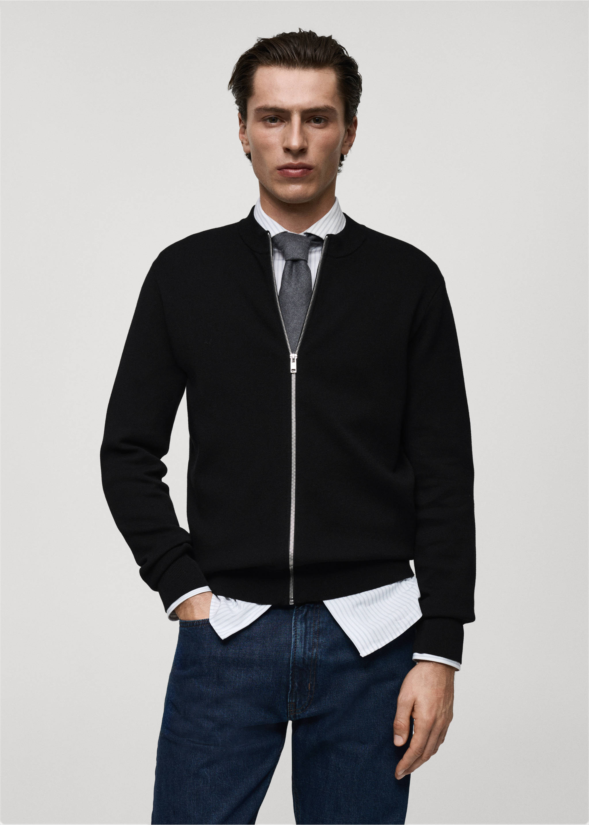 Zipped knit cardigan - Medium plane, Black. Ref: 87052890-00.