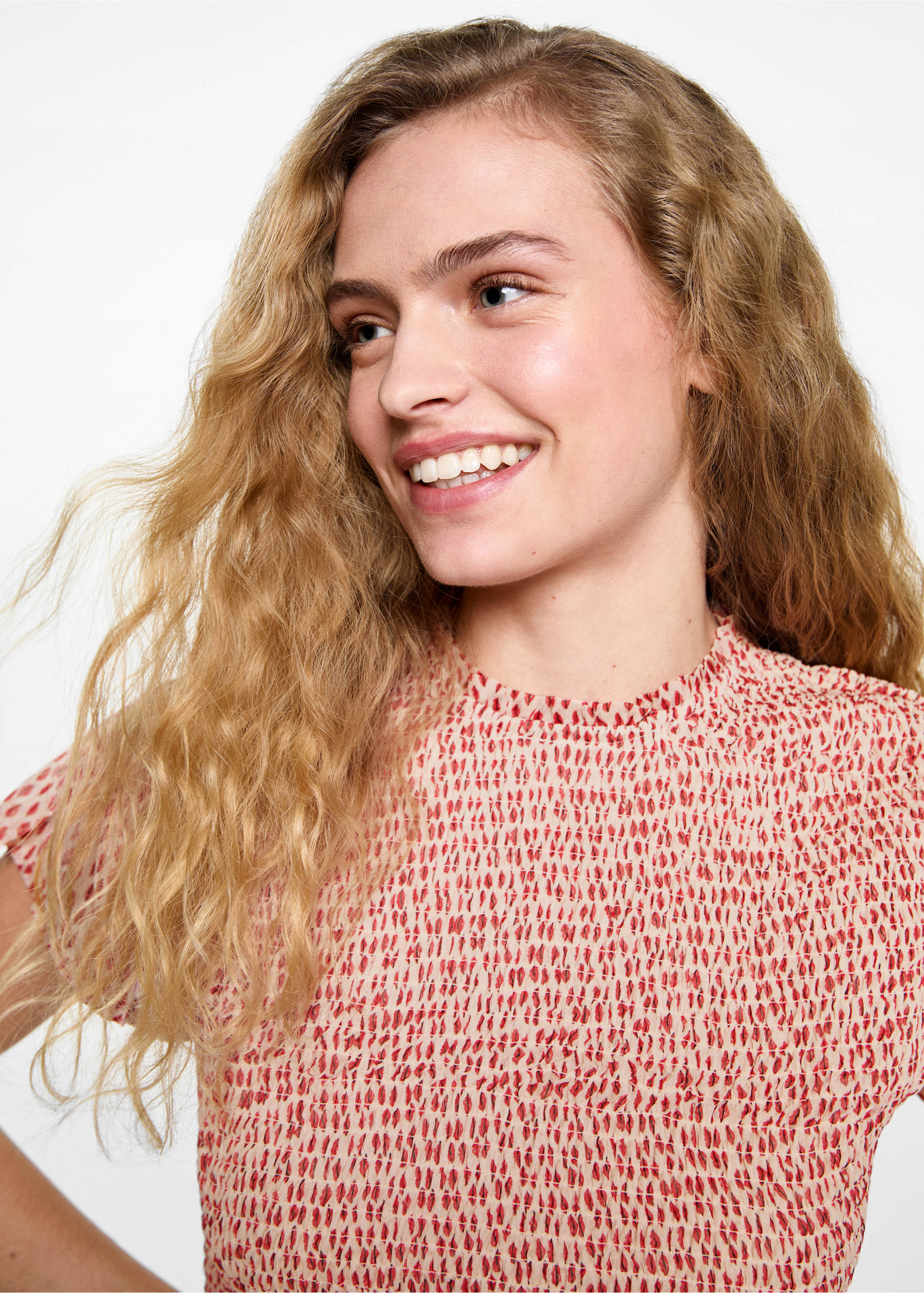 Printed ruched dress - Details of the article 1, Red. Ref: 87053279-00.