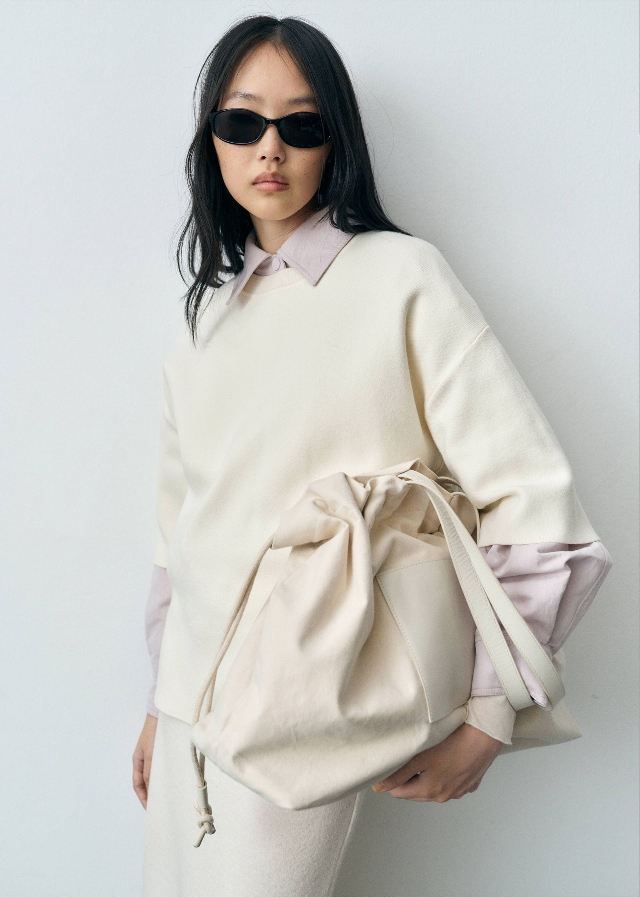 Leather-blend shopper bag - General plane, Ecru. Ref: 87053294-00.