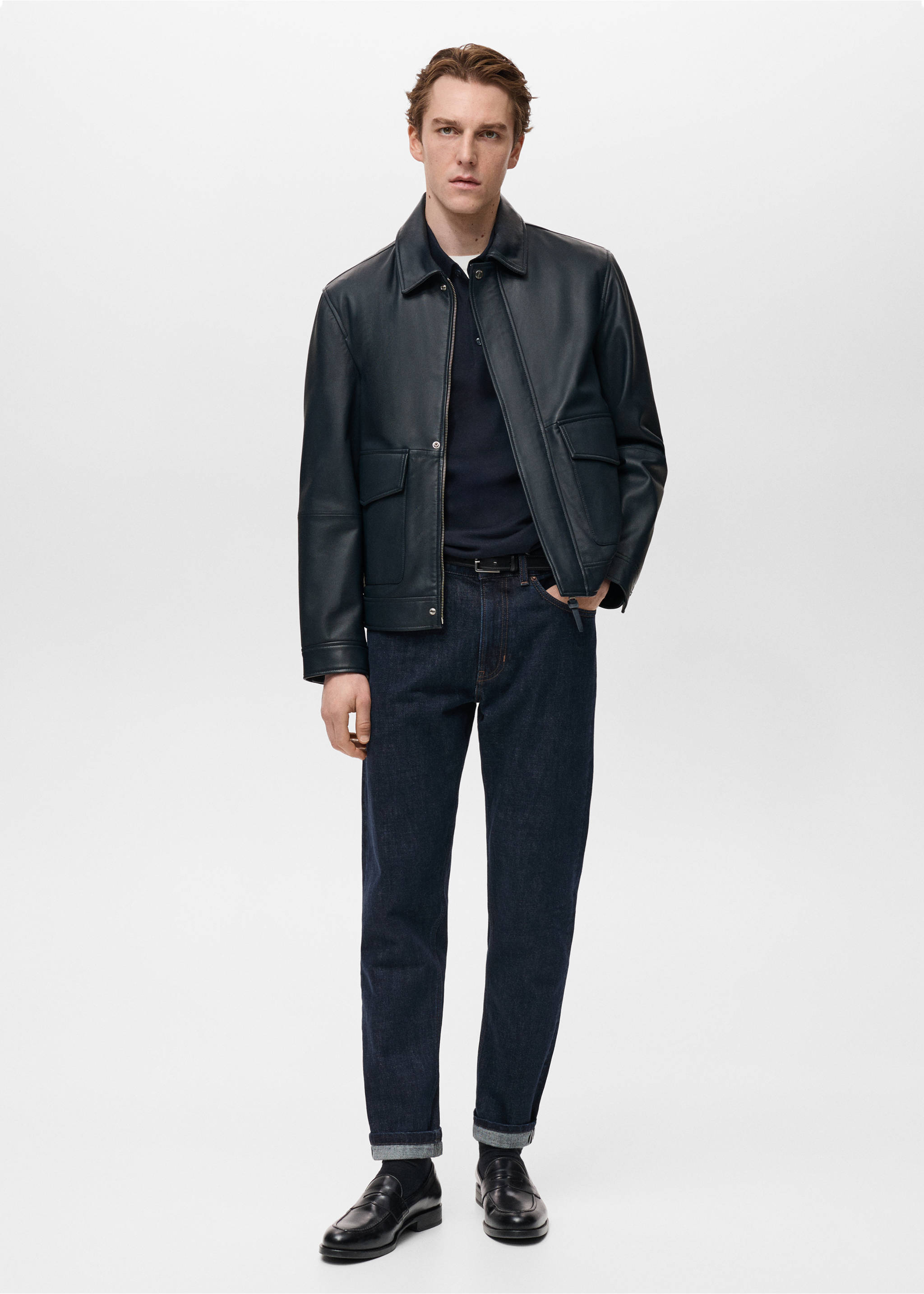 Blouson cuir nappa poches - Plan général, Bleu nuit. Ref: 87054392-00.