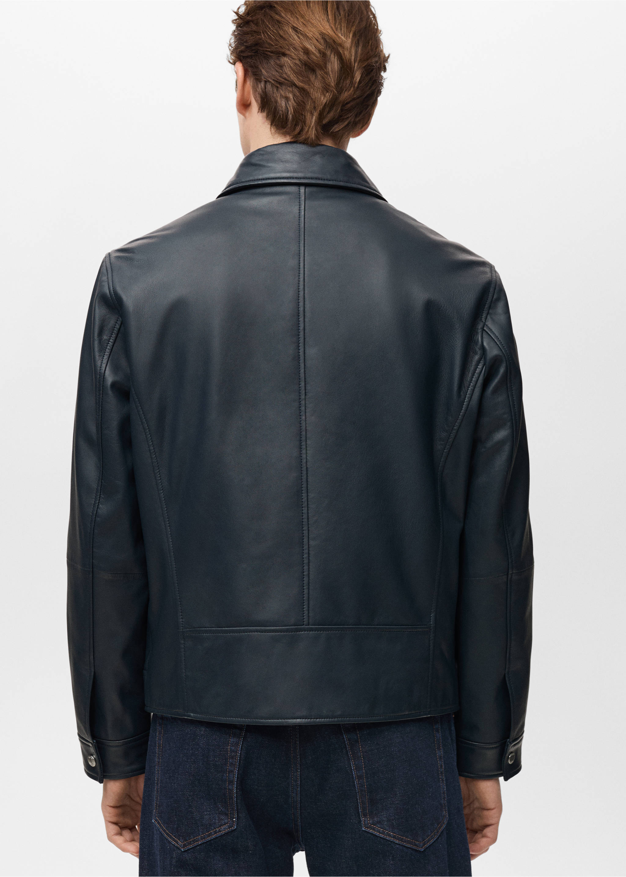 Blouson cuir nappa poches - Verso de l’article, Bleu nuit. Ref: 87054392-00.