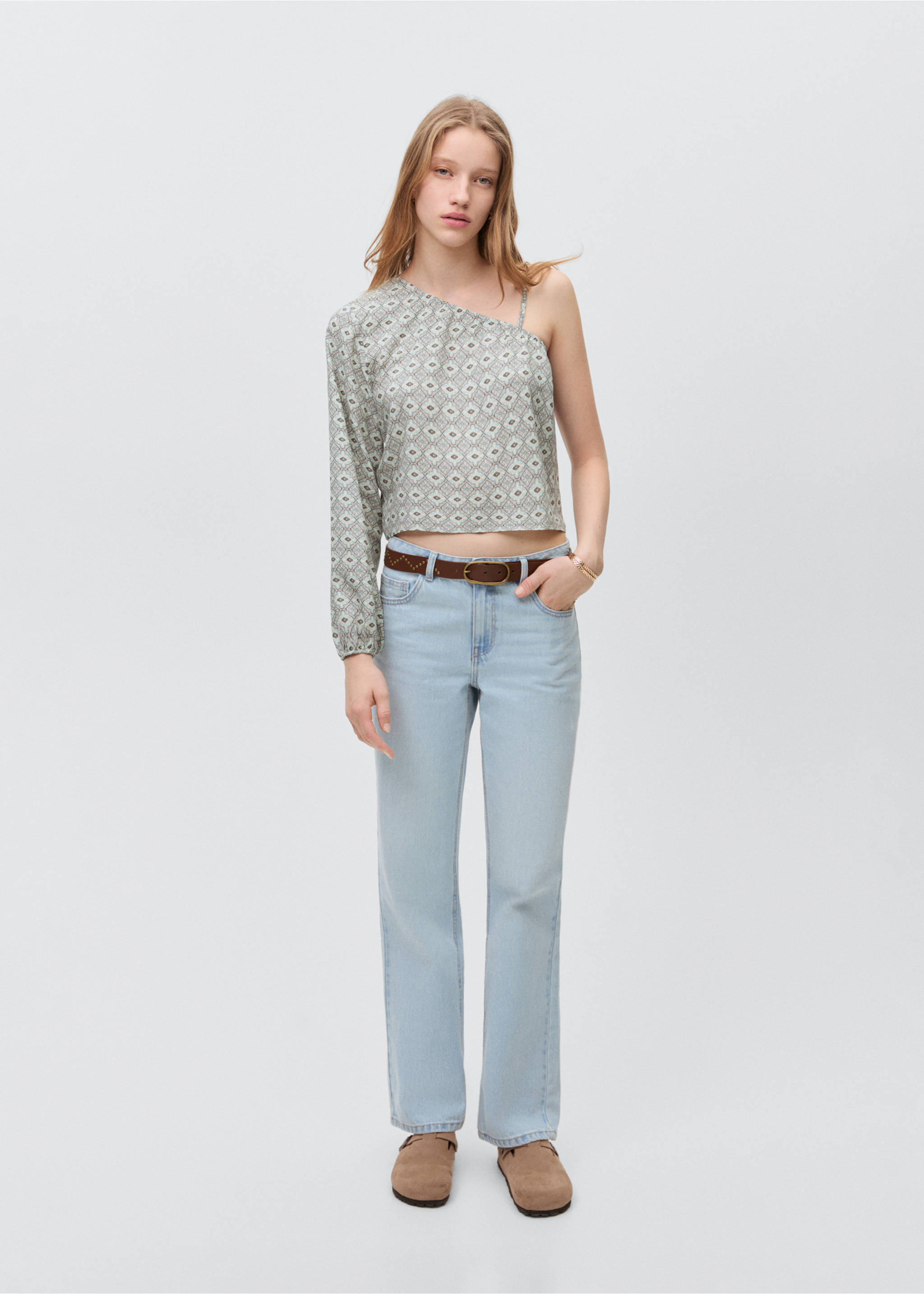 Asymmetrical printed blouse - General plane, Light/Pastel Grey. Ref: 87054788-00.