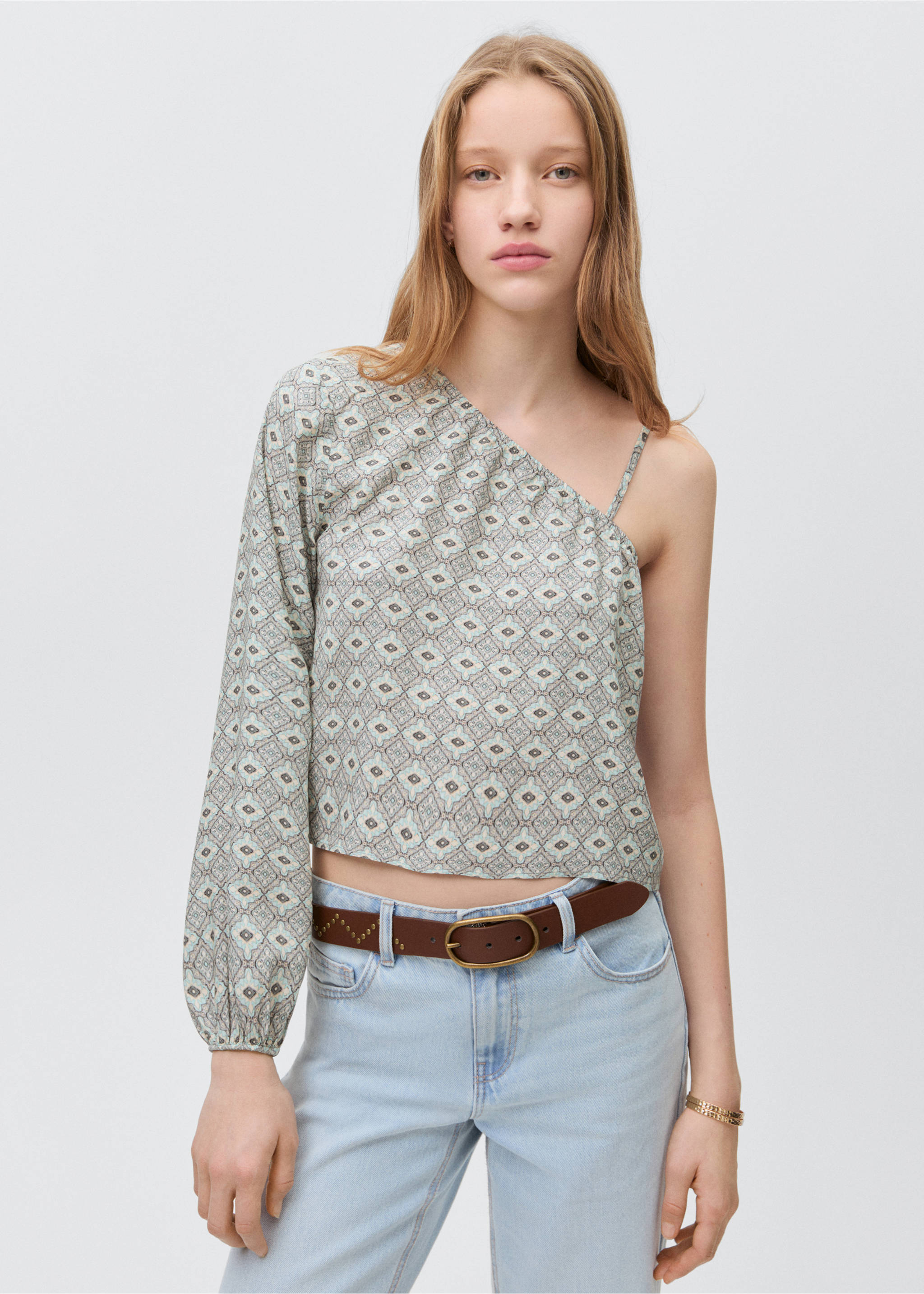 Asymmetrical printed blouse - Medium plane, Light/Pastel Grey. Ref: 87054788-00.