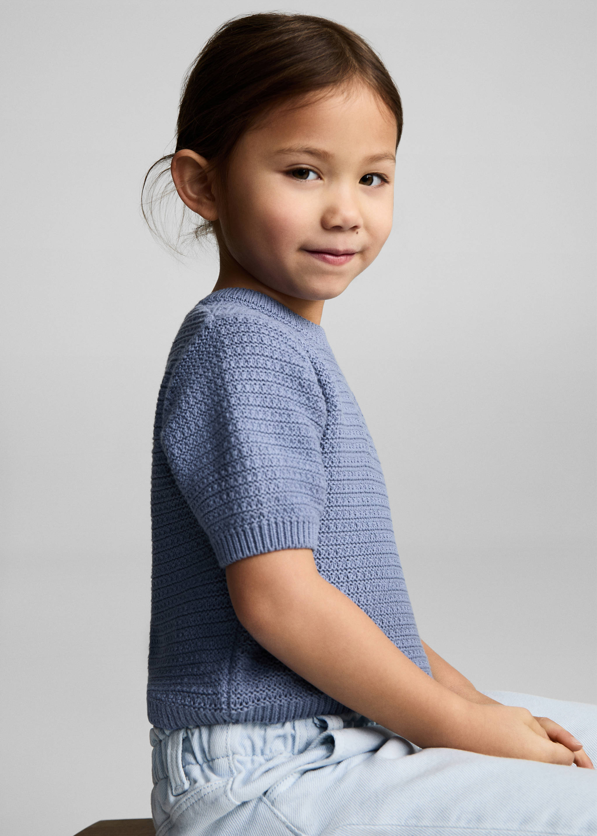 Short-sleeved knitted cotton sweater - Medium plane, Blue. Ref: 87054793-00.