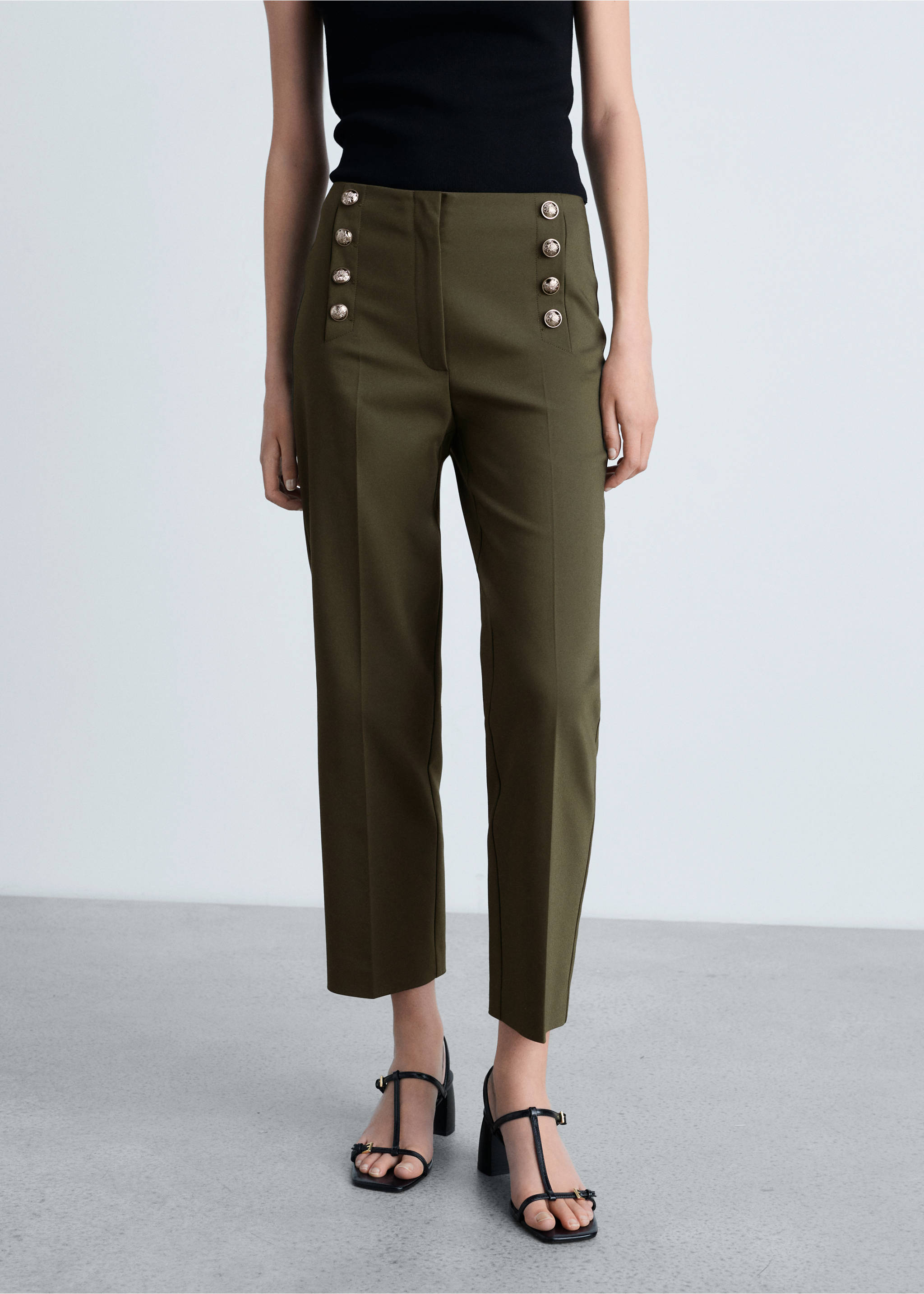 Straight trousers with jewel buttons - Medium plane, Khaki. Ref: 87054801-00.